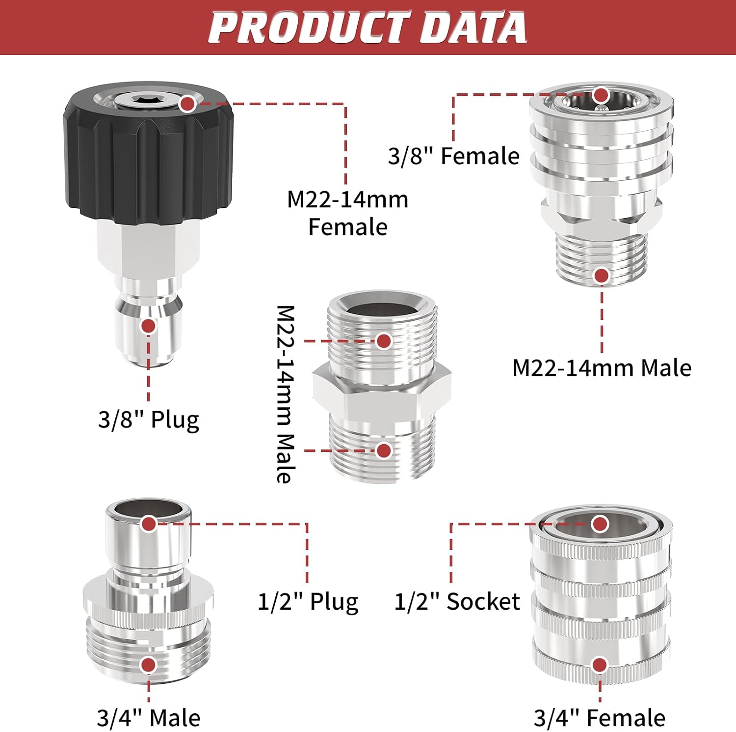 3/8" Pressure Washer Quick Connect Kit, M22-14mm Swivel Fitting | 3/8" Adapter Set, Stainless Steel 3/4" to M22 to 3/8"