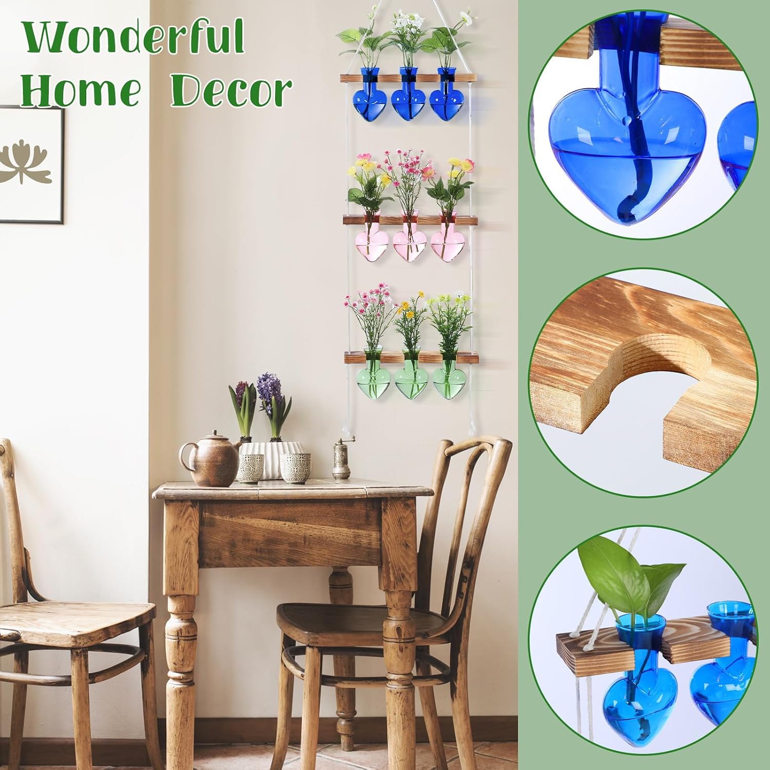 Leinuosen Wall Hanging Plant Propagation Stations Mother Gifts for Her Plant Lovers 3 Tiered 9 Heart Shaped Glass Vases