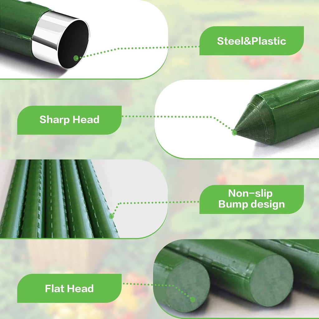 Garden Stakes 48 Inches Sturdy Green Plant Sticks 25 Pack, Metal Tomato Stakes Support, Yard Plant Support Cage for