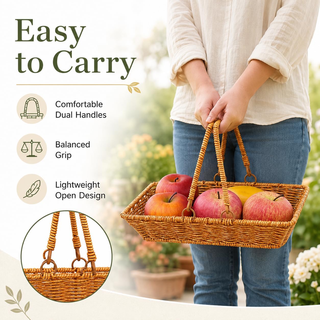 Handwoven Wicker Garden Trug & Harvest Basket with Handles, Garden Flower Baskets for Gathering Vegetables & Gathering