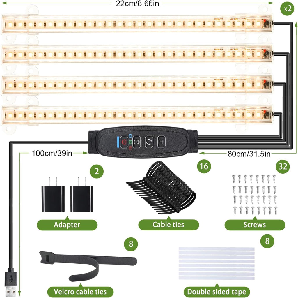 8.6'' LED Grow Light Strips, Full Spectrum 3500K Grow Lights for Indoor Plants, 4 Head with 3/9/12H Timer, 10 Dimmable