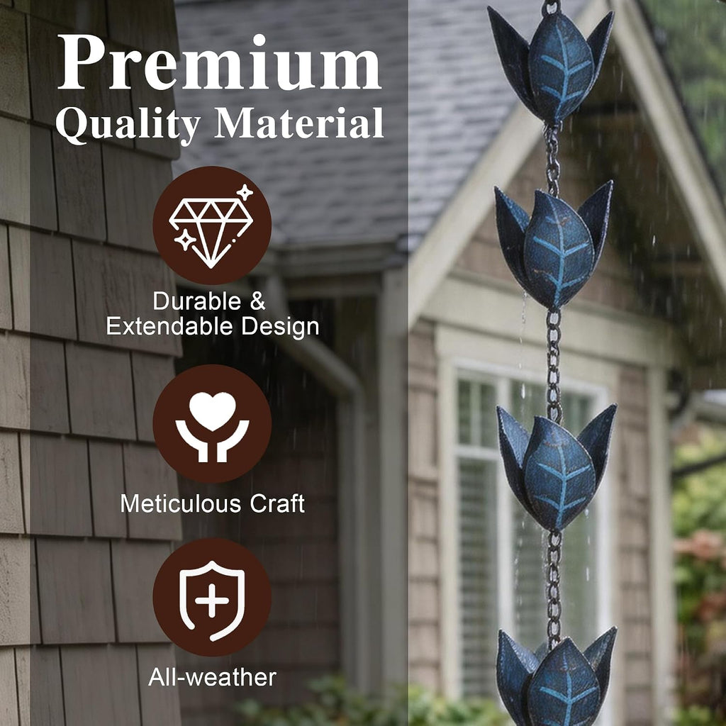 Topadorn Rain Chain for Gutters, 8.5FT Leaf Rain Chain, Blue Patina | 8.5FT Rain Chain • Leaf Cup Design • Blue Patina