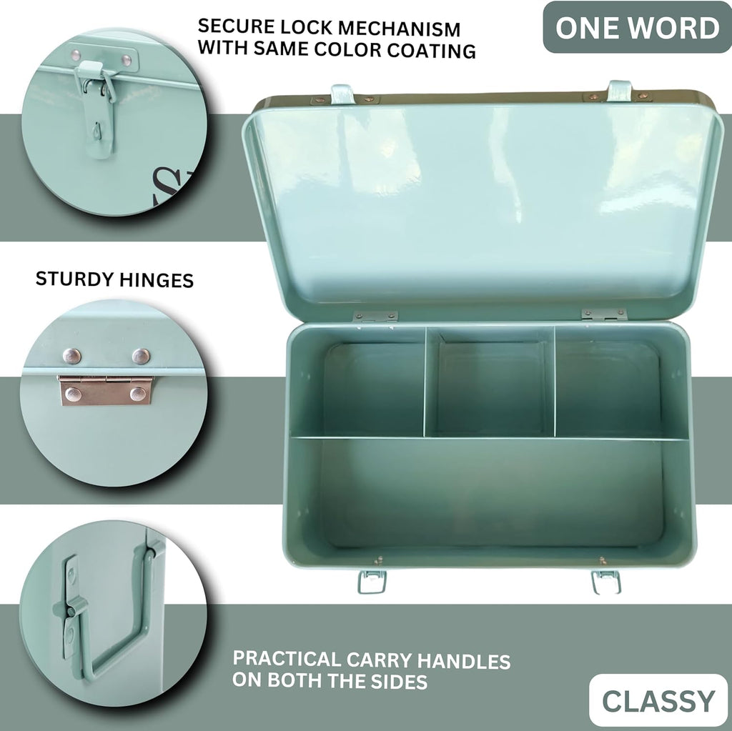 Large Modern Green Rectangular Metal Seed Storage Box with 4 Compartments and 40 Envelopes and 20 Bamboo Plant Labels