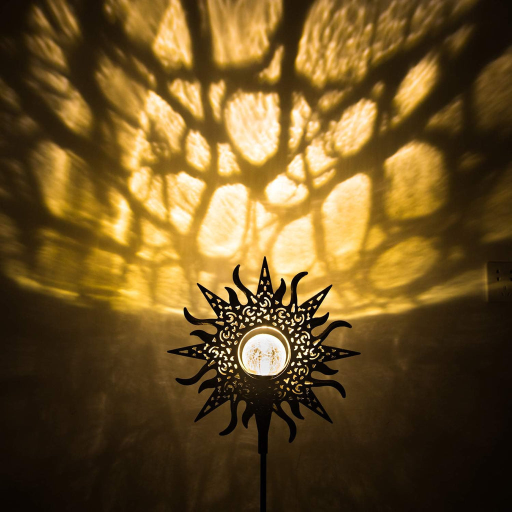 Large Sun Solar Garden Decor Lights Outdoor Garden Gifts Mom Dad, Crackle Glass Metal Stake Backyard Decor, Waterproof