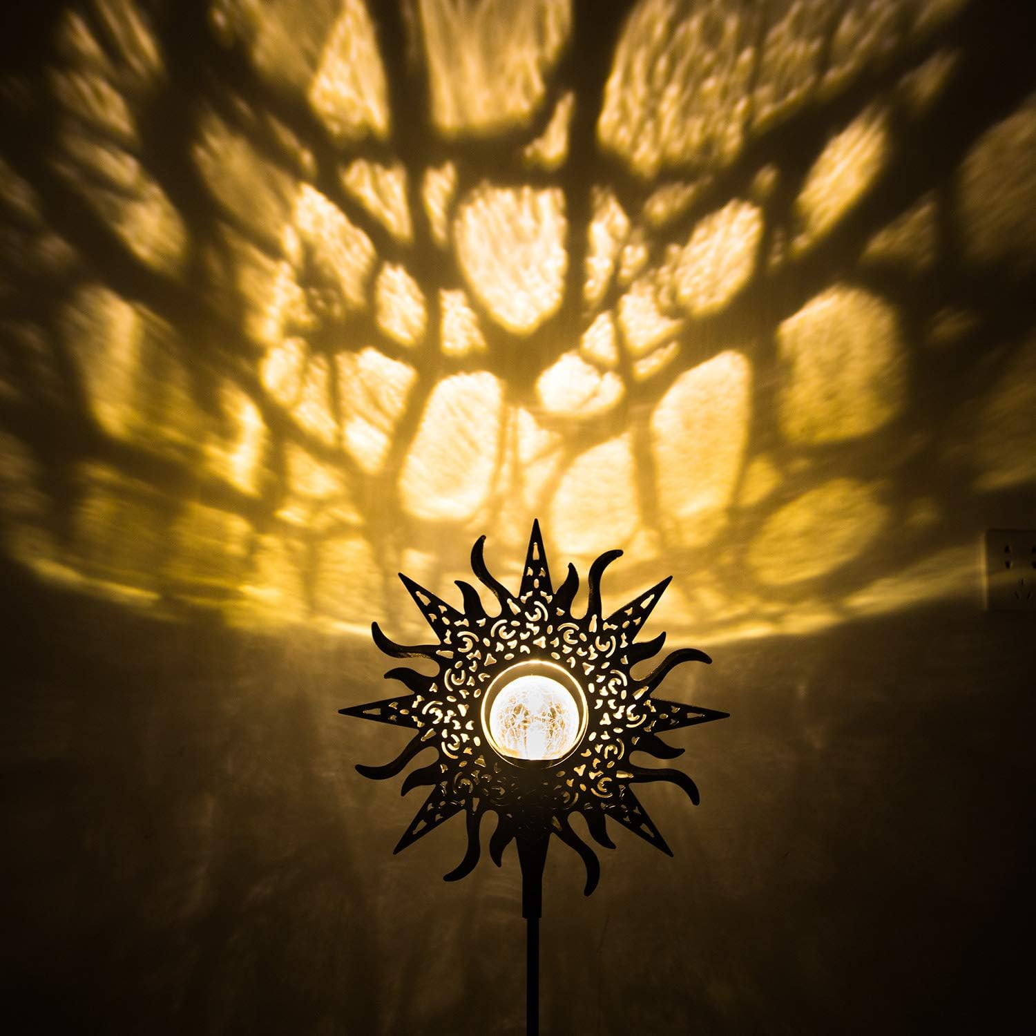 Large Sun Solar Garden Decor Lights Outdoor Garden Gifts Mom Dad, Crackle Glass Metal Stake Backyard Decor, Waterproof