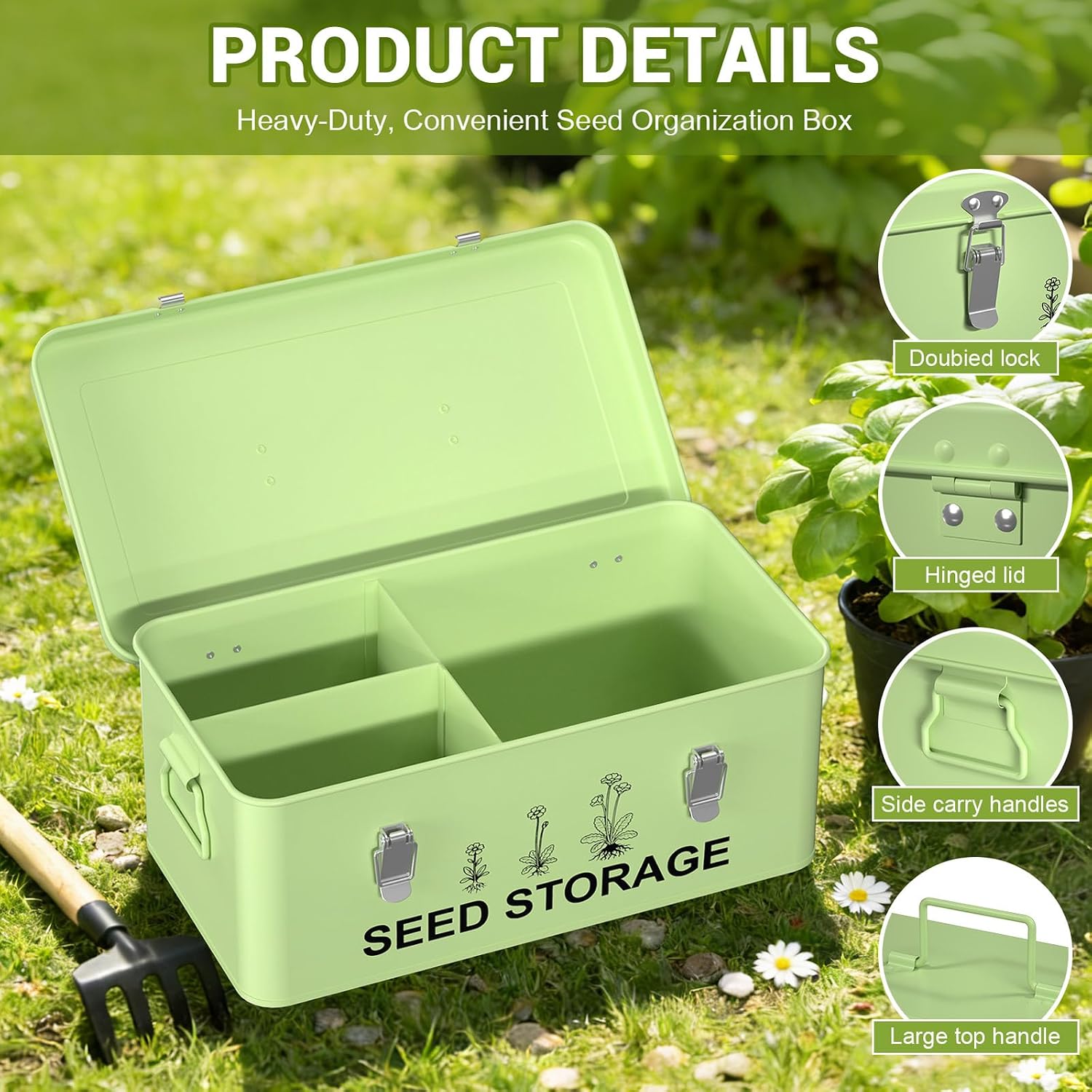60 Slots Seed Organizer Seed Storage Seed Box 3 Compartments Seeds Organizer Storage Box Metal Garden Seeds Packet