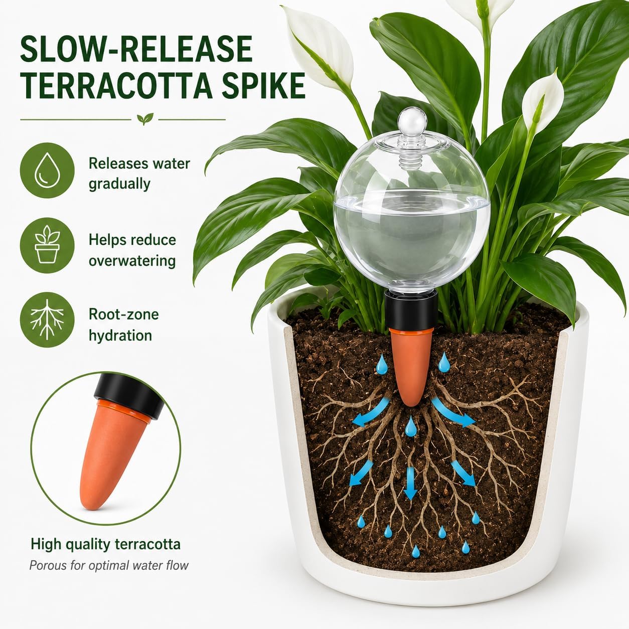 26 oz Large Self Watering Globes, Top Fill Terracotta Spikes, 2 Pack | 750 ml top-fill reservoir with slow-release