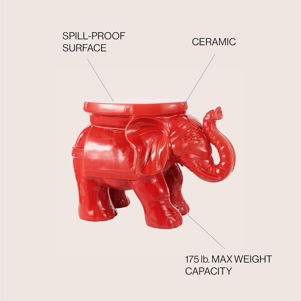 JONATHAN Y White Elephant Ceramic Garden Stool 14.25", Red | Weather Resistant Indoor Outdoor Patio Side Table, Plant