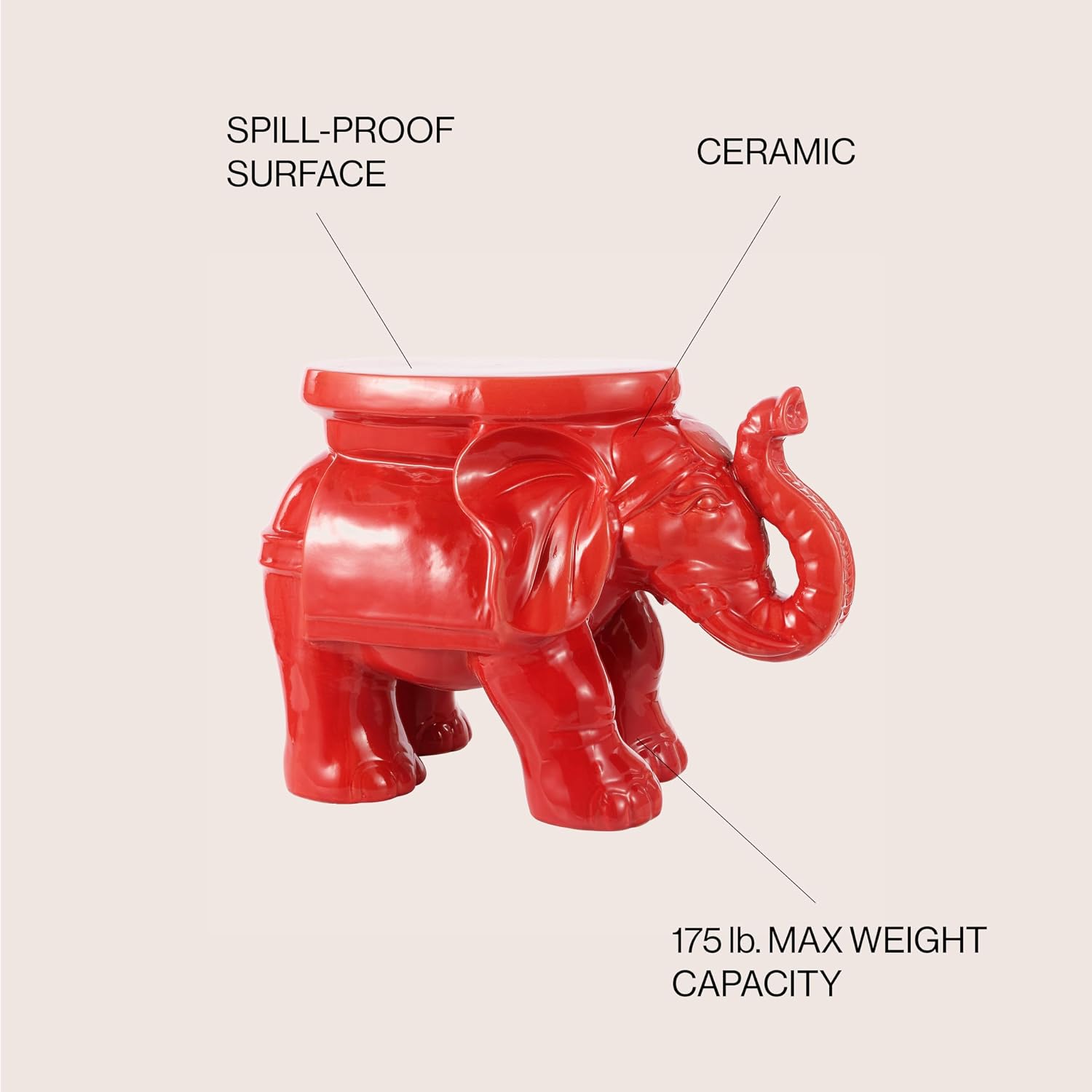 JONATHAN Y White Elephant Ceramic Garden Stool 14.25", Red | Weather Resistant Indoor Outdoor Patio Side Table, Plant