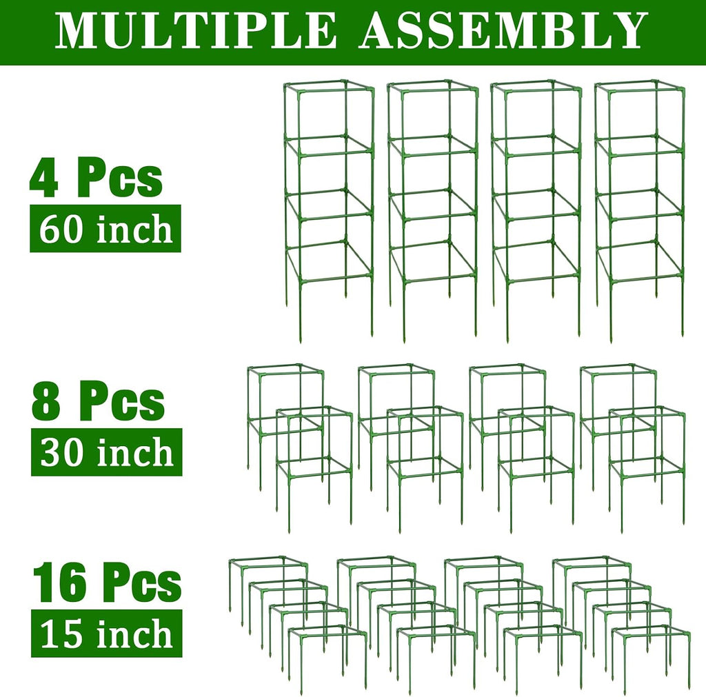 60 Inch 4 Pack Heavy Duty Tomato Cages with Clips | Square Tomato Trellis for Raised Garden Bed, Adjustable Plant