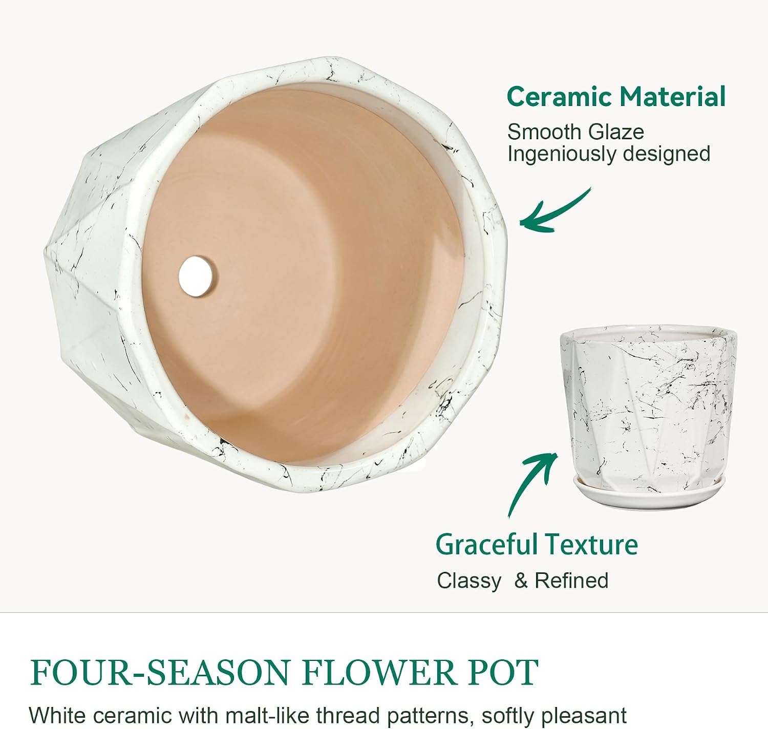 10 Inch Ceramic Plant Pot with Drainage Hole Mesh Net, Large Flower Pots for Indoor Plants with Saucer, Gardening Pots
