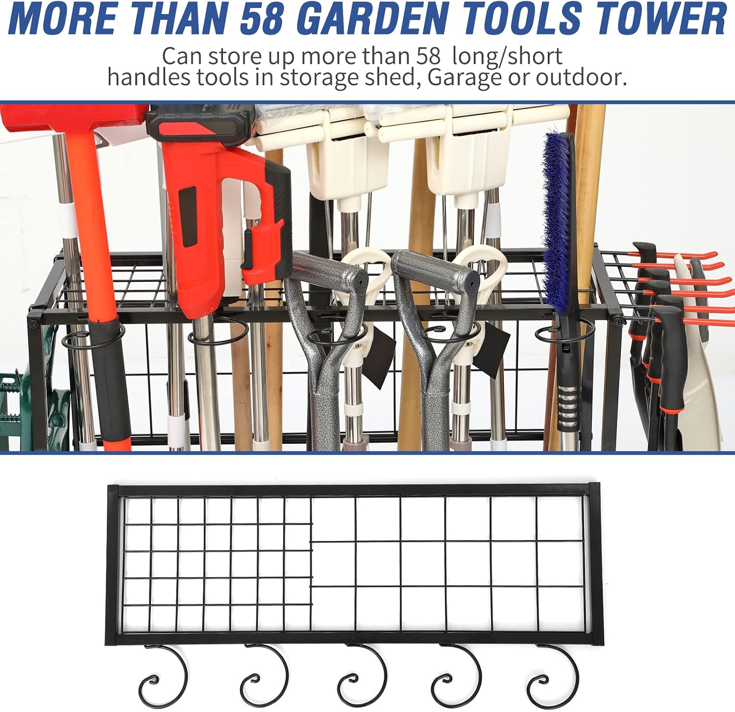 Garden Tool Organizer for Garage, Garden Tool Rack, Up to 58 Long Handled Tools, Yard Tool Holder for Garage, Shed