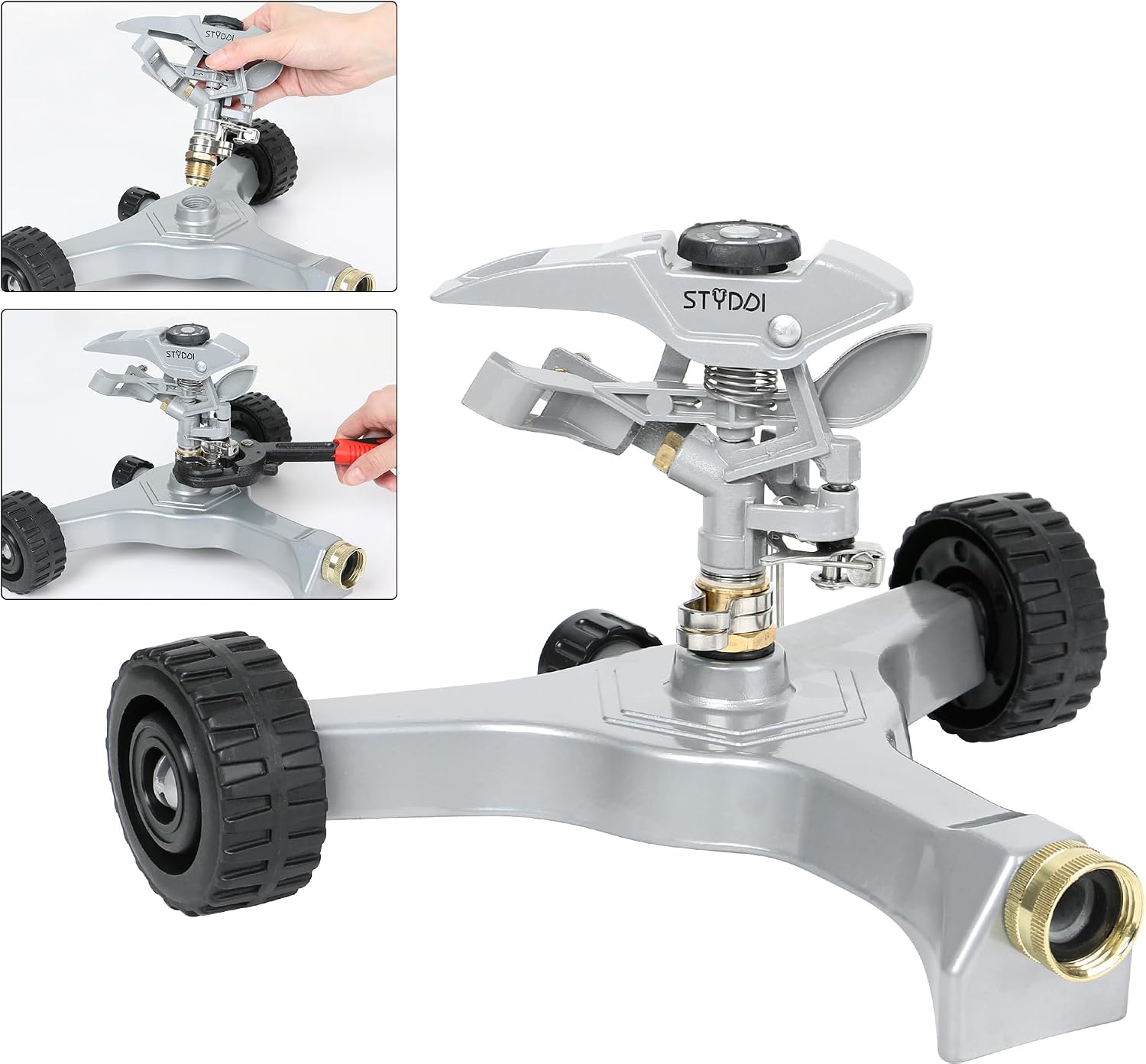 STYDDI Metal Pulsating Sprinkler on in-Series Metal Wheeled Base, Adjustable Circular Water Sprinkler for Medium to