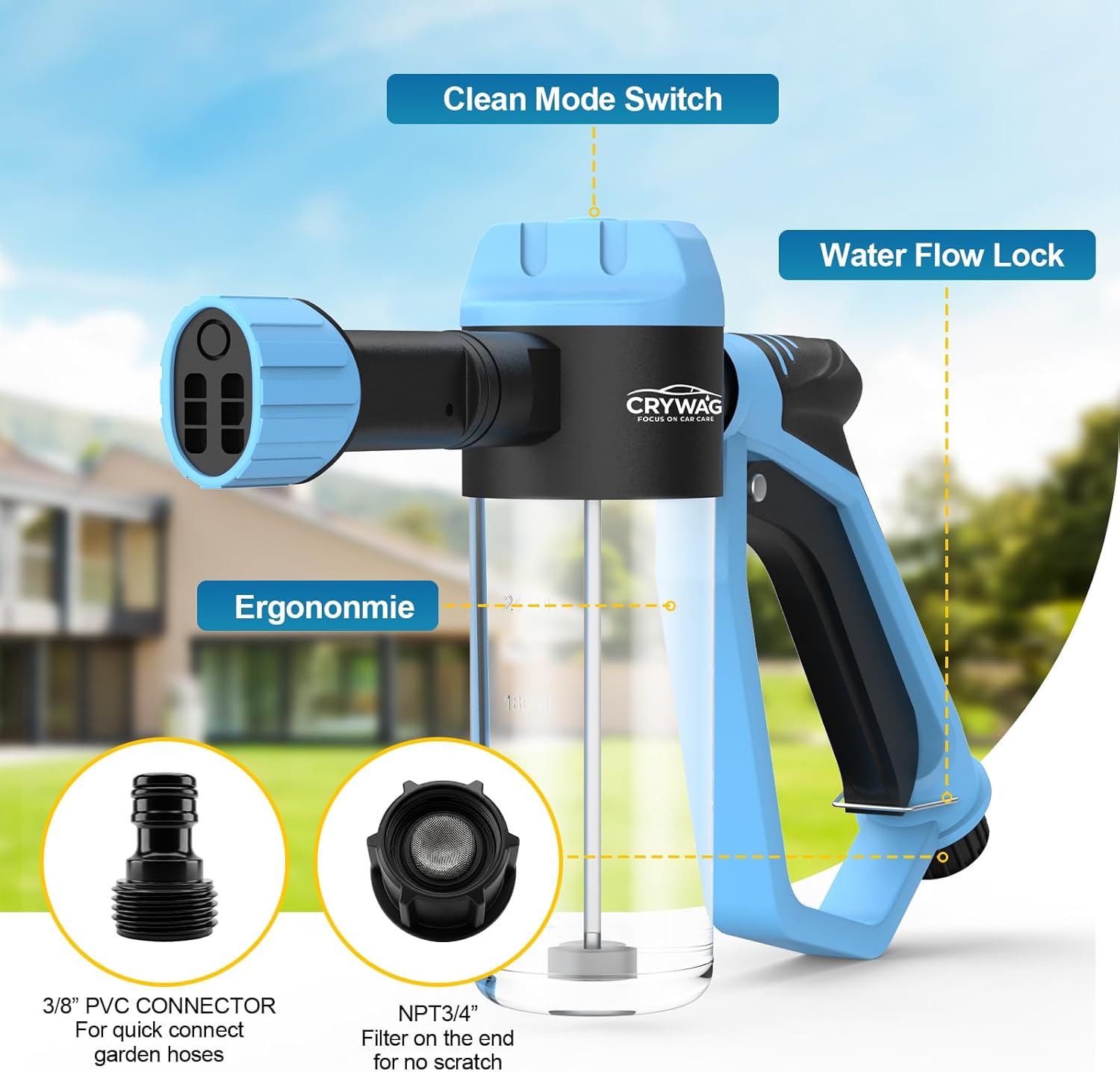 Car Wash Foam Gun for Garden Hose, with Microfiber Wash Mitt, Foam Sprayer | 3 spray modes & 50% higher water Pressure