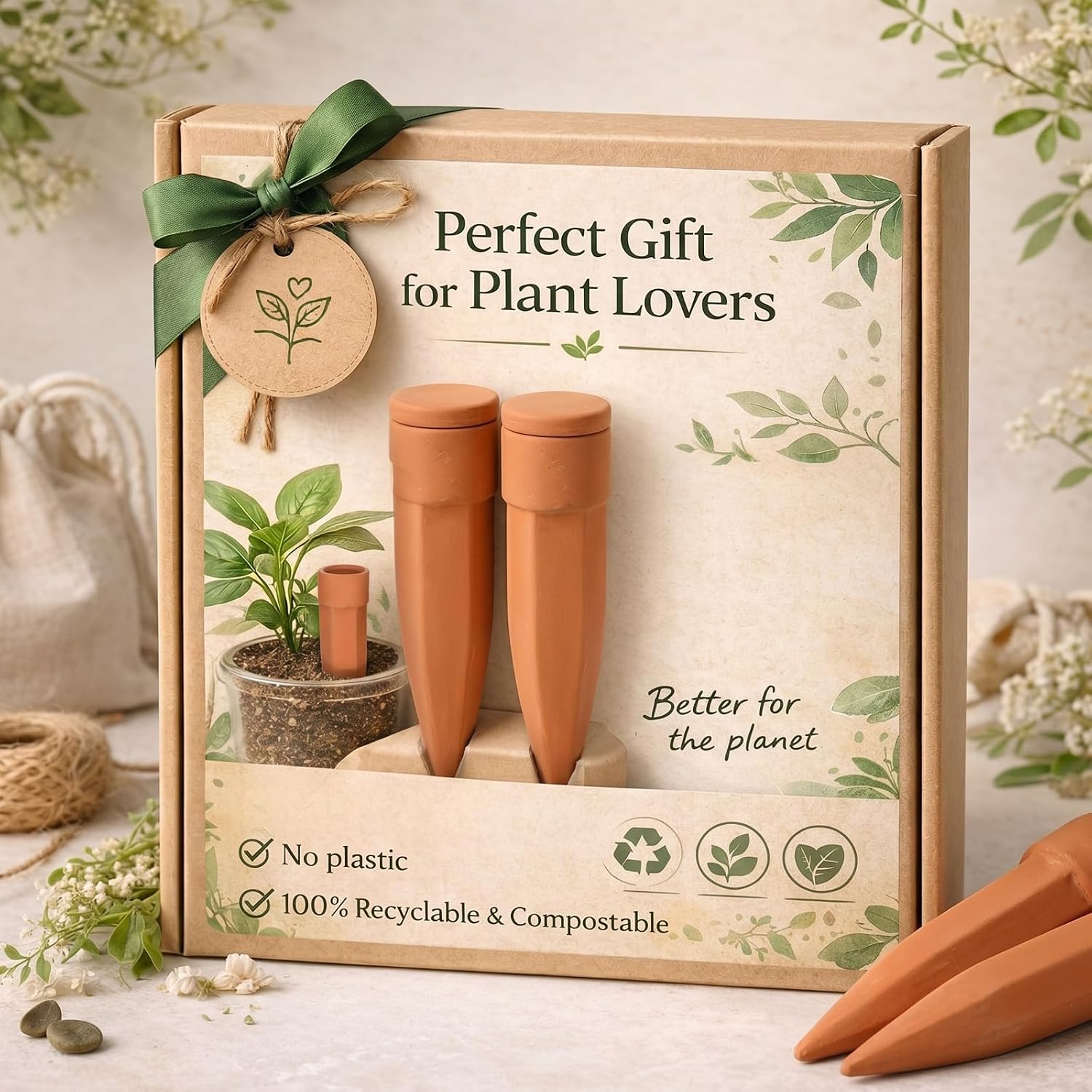 Honeydak 6pcs Medium Terracotta Watering Spikes with Lids 5'' Automatic Plant Waterer Self Watering Stake Planter