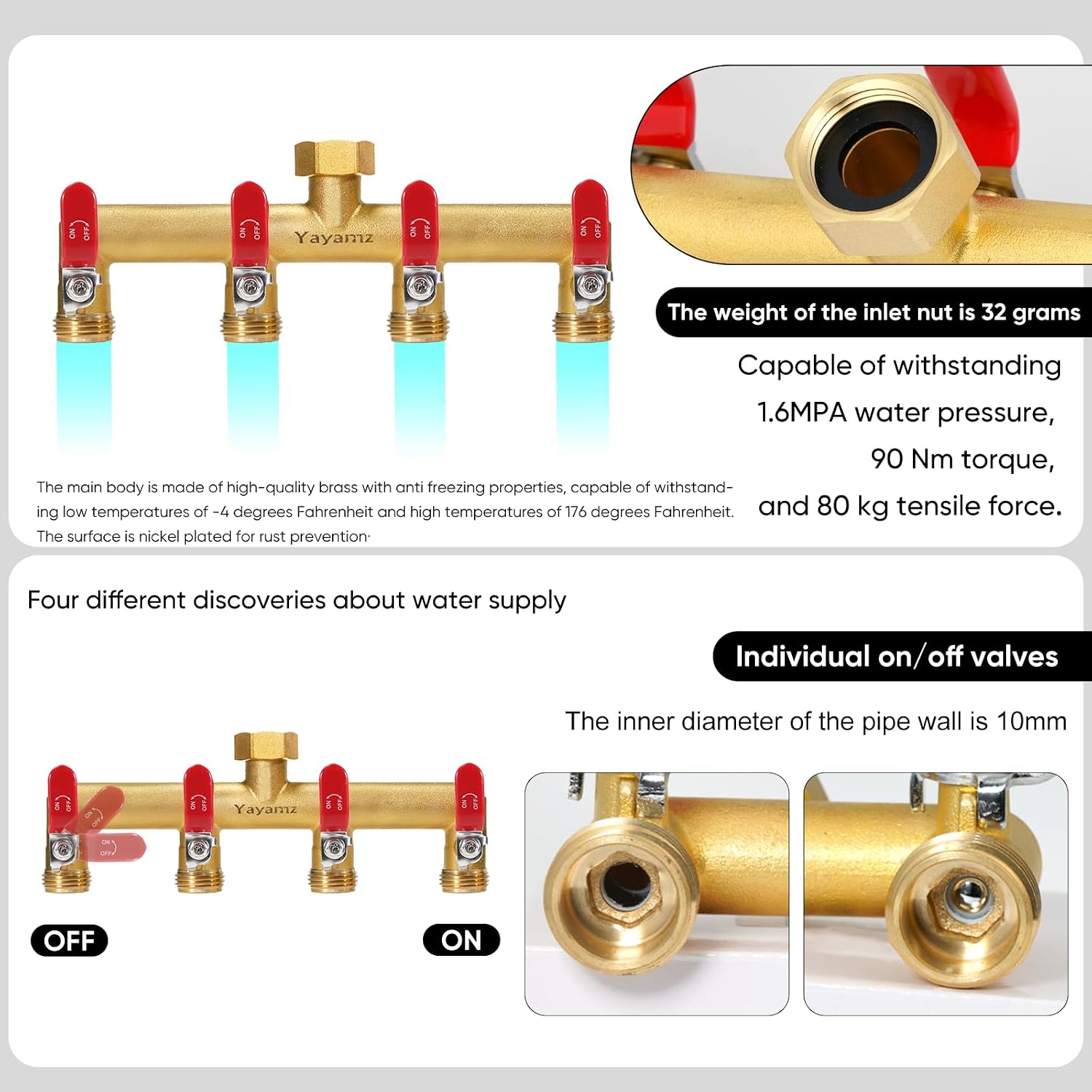 4 Way Garden Hose Splitter, 3/4" GHT Outdoor Water Spigot Splitter | Heavy Duty Solid Brass Body with Shut-off Valves &