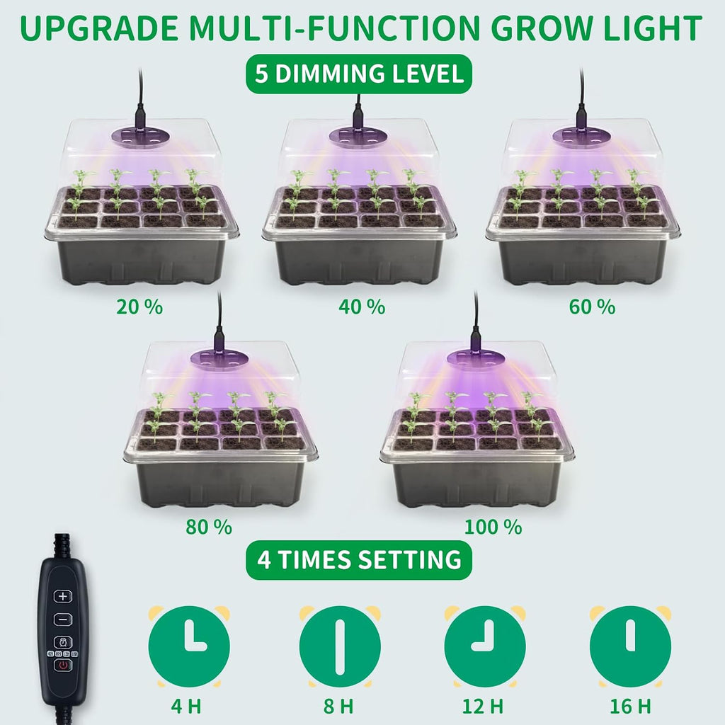 NAMOTEK 5 Pack Seed Starter Tray with Heat Mat and Grow Light Humidity Domes, 60 Cell Trays Germination Station Cloning