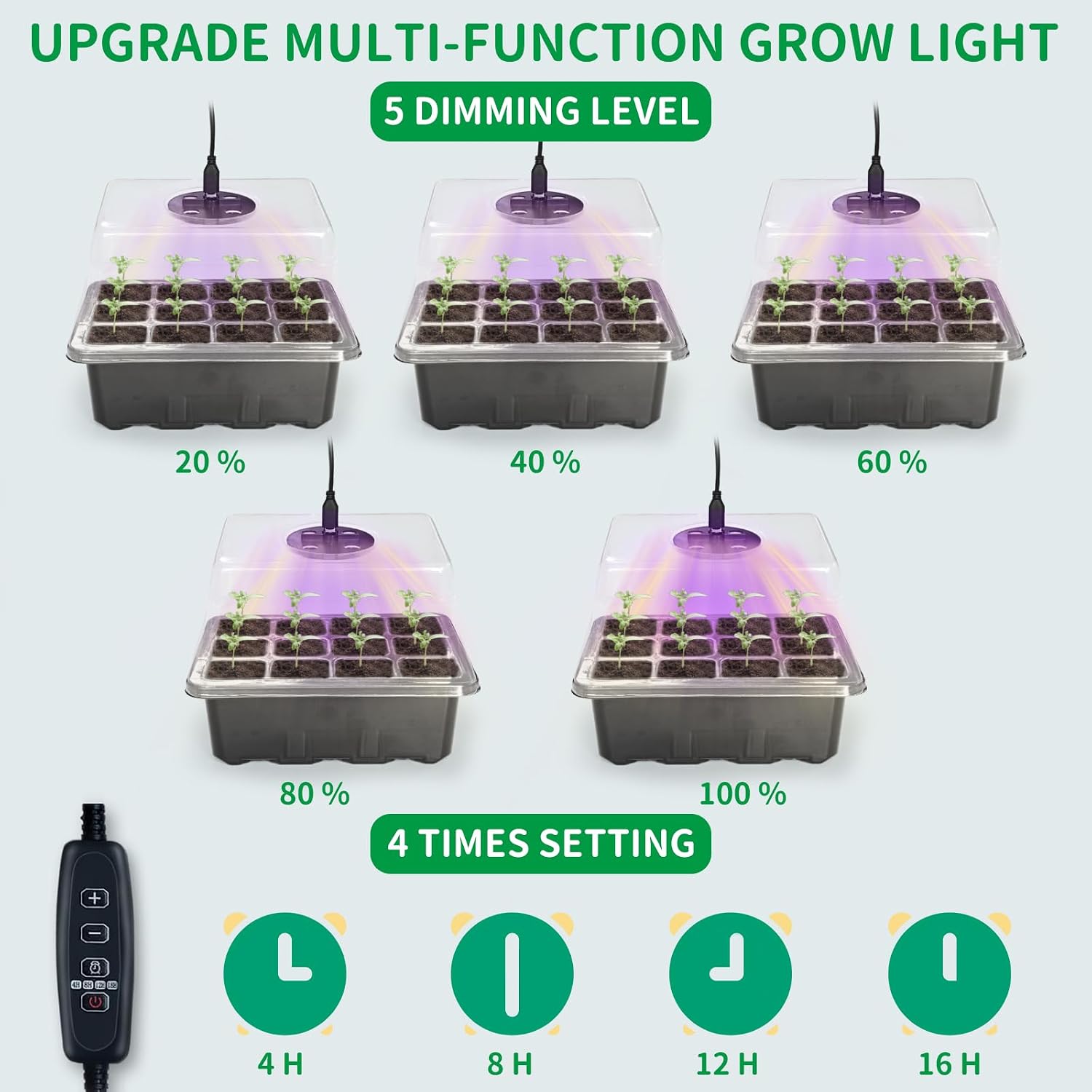 NAMOTEK 5 Pack Seed Starter Tray with Heat Mat and Grow Light Humidity Domes, 60 Cell Trays Germination Station Cloning