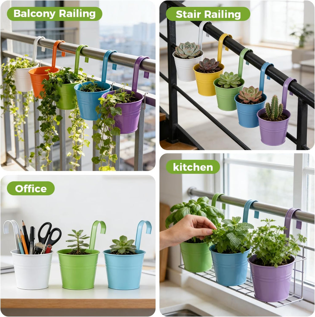 12 Pack Balcony Planters Railing Hanging, Colorful Railing Planter 4 Inches Small Hanging Plant Holder Indoor/Outdoor