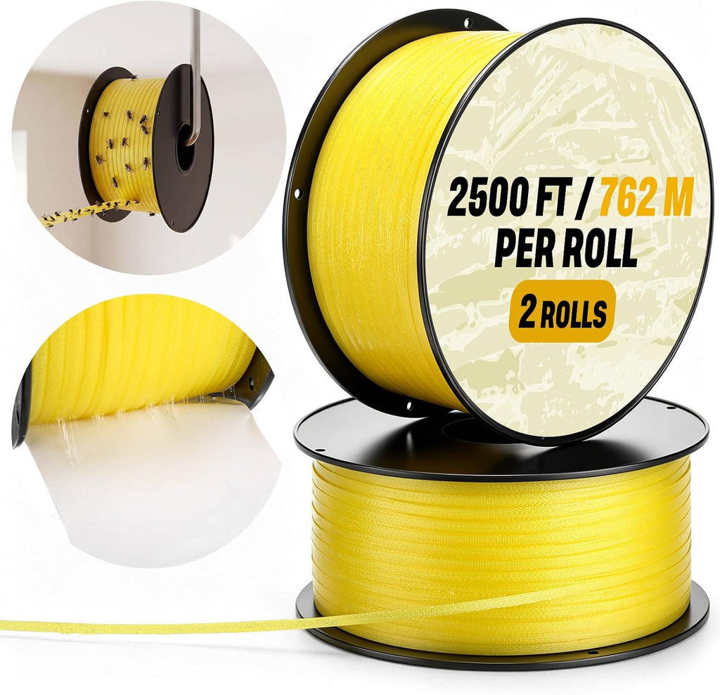 2 Pcs Sticky Fly Strip Rolls 2500 ft Extra Long Ribbon Tape, Non-Toxic Sticky Hanging Strips for Gnat Fruit Mosquito