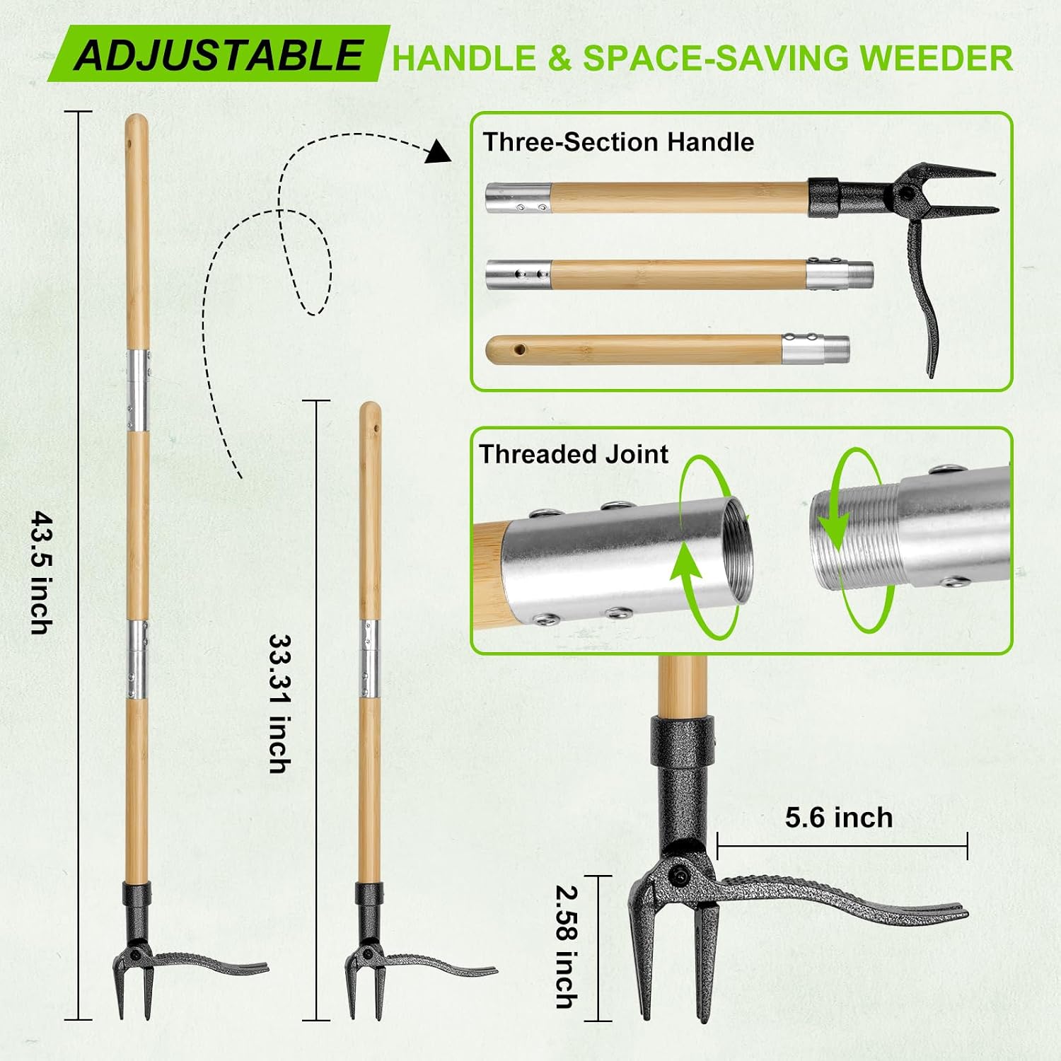 Stand Up Weed Puller Tool, Real Bamboo Long Handle 4-Claw Steel Head Weeder | 31"-44.5" Adjustable Height, Heavy Duty