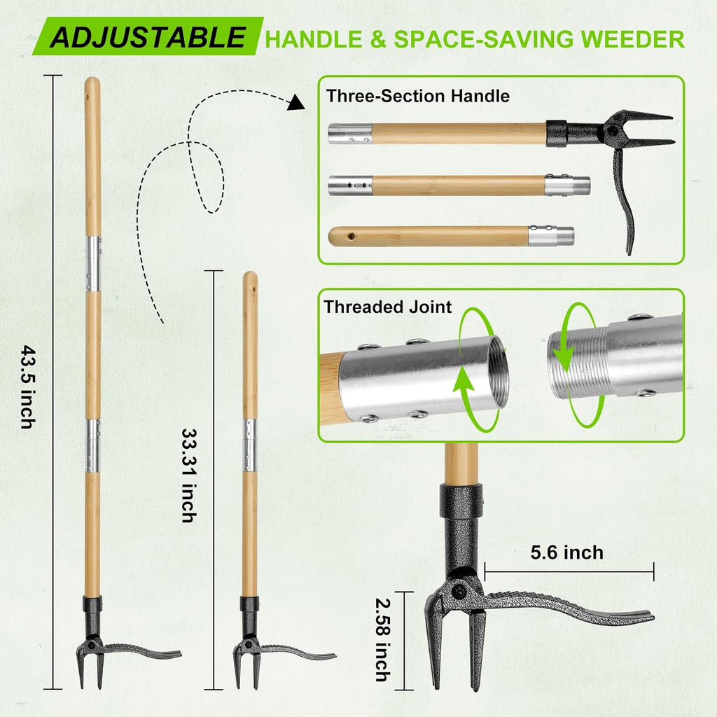 JYI&FORGE Stand Up Weed Puller Tool with Heavy Duty 4-Claw Steel Head | 45" Long Handle, Foot Platform Design, Bamboo