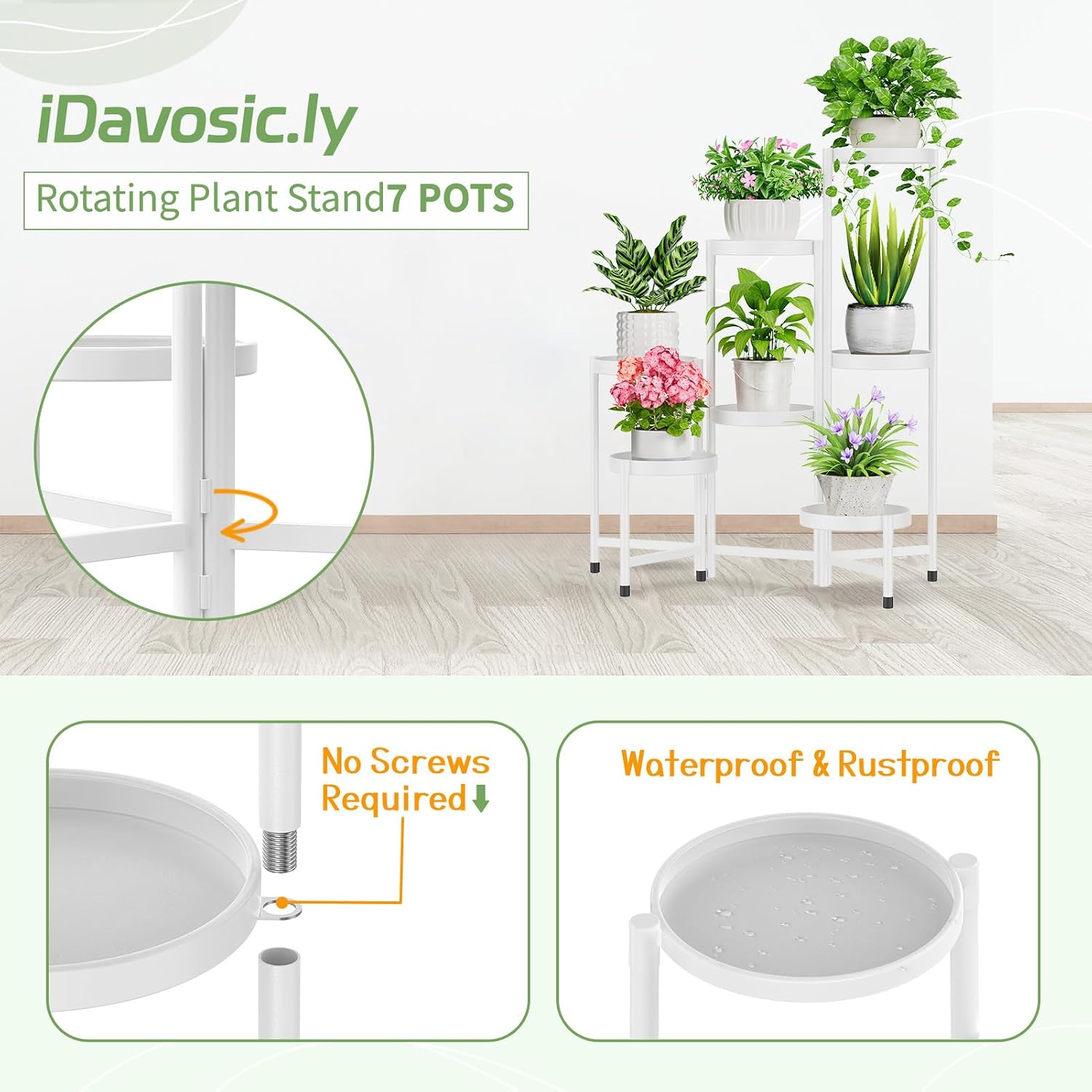 iDavosic.ly Plant Stand Indoor Outdoor, 7 Tier Metal Corner Shelf, White | Tiered Flower Display Holder, Folding Multi