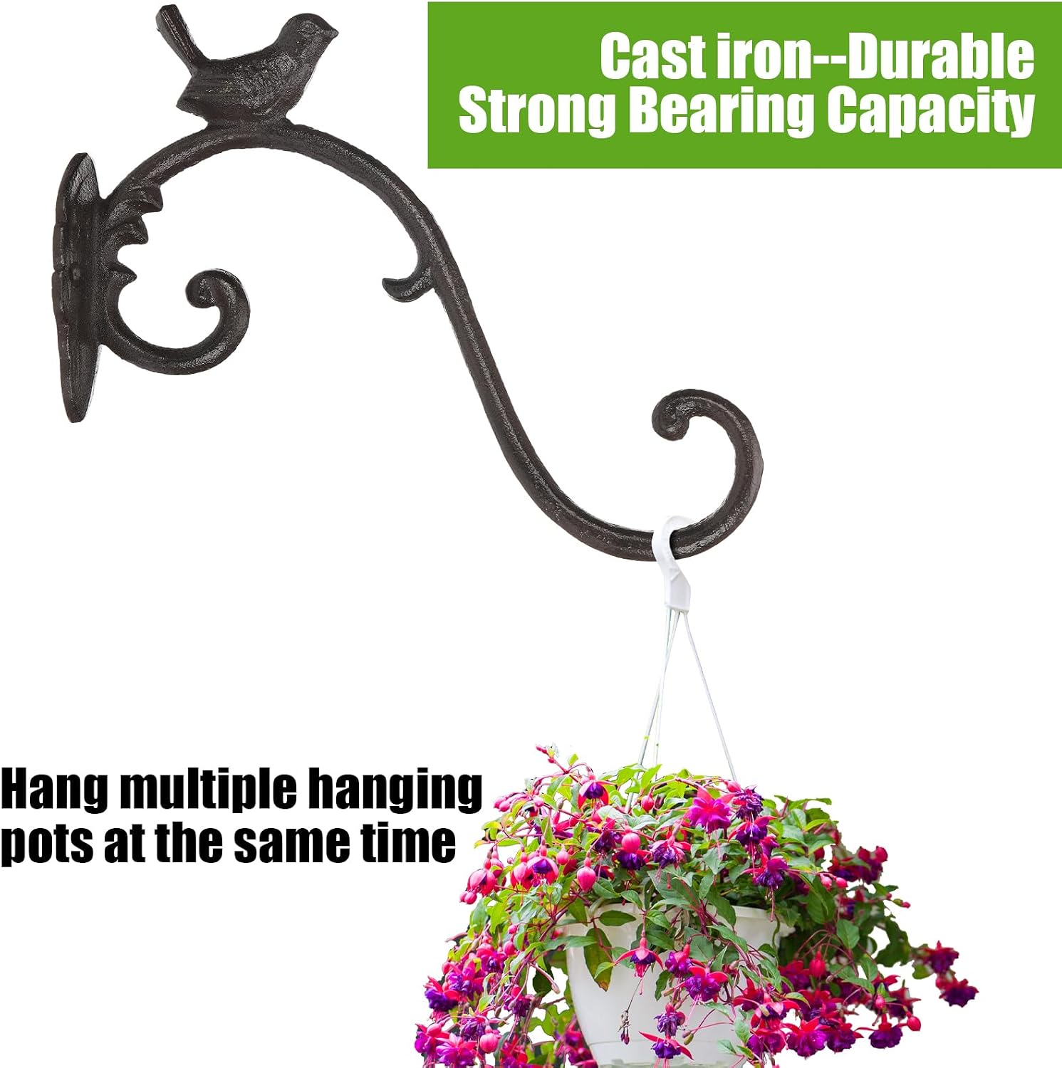 2 Pcs Cast Iron Plant Hangers Outdoor 10" Heavy Duty Hanging Basket Brackets Lovely Bird Shape Decorative Wall Hangers