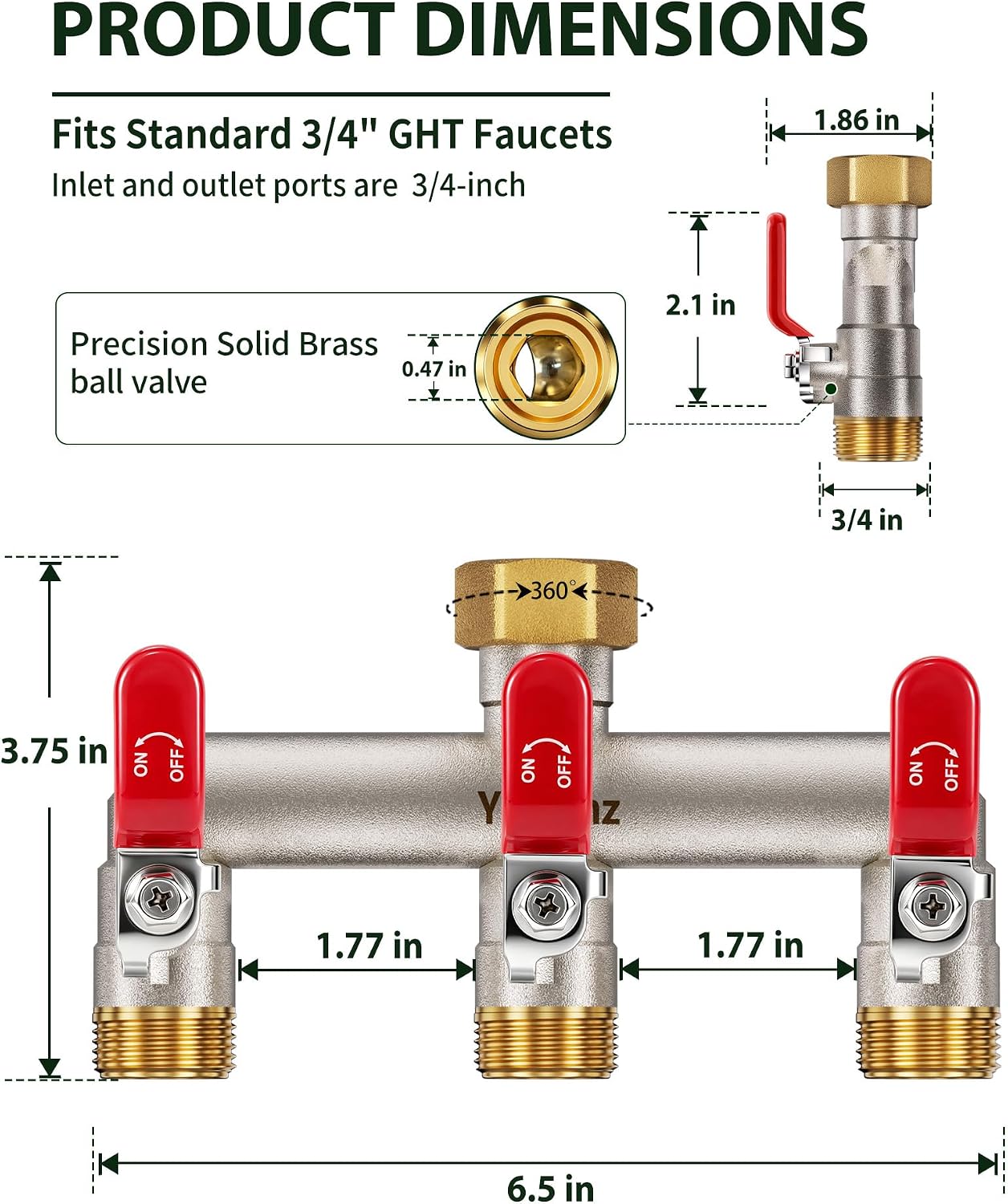 3 Way Garden Hose Splitter, 3/4" GHT Full Flow Hose Splitter | One-Piece Heavy Duty Full Brass Body with Shut-off