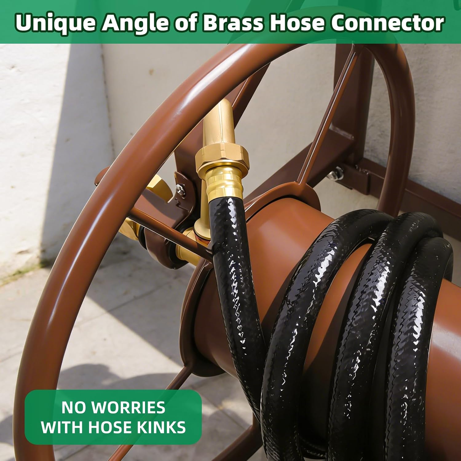 Wall Mount Garden Hose Reel, Heavy Duty Metal Holds 155ft 5/8" Hose | Solid Brass Fittings, No Leaks, Rust-resistant.