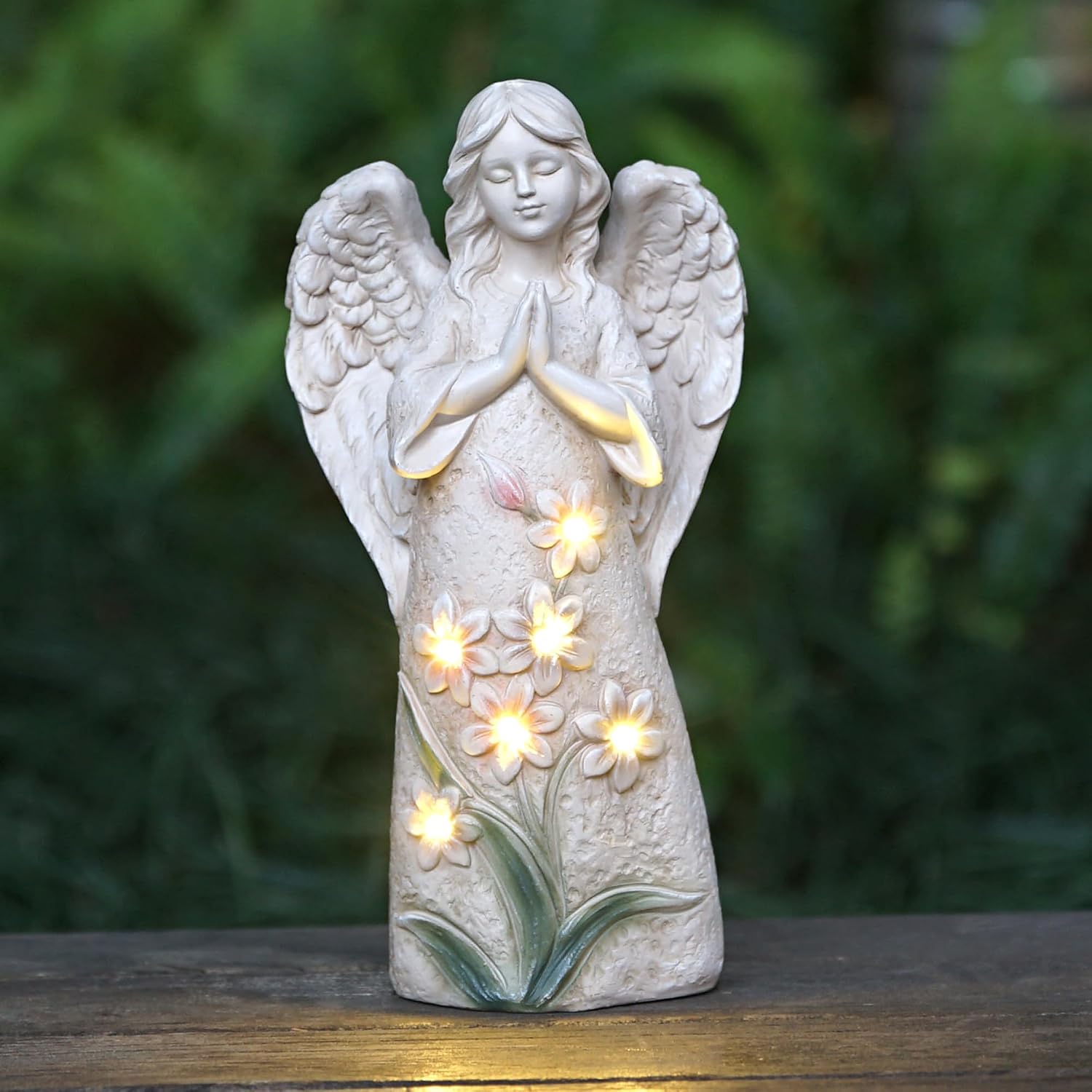 Solar Angel Garden Statue, 9.6 Inch Outdoor Decor with 6 LED Lights | Warm solar glow and a praying angel design for