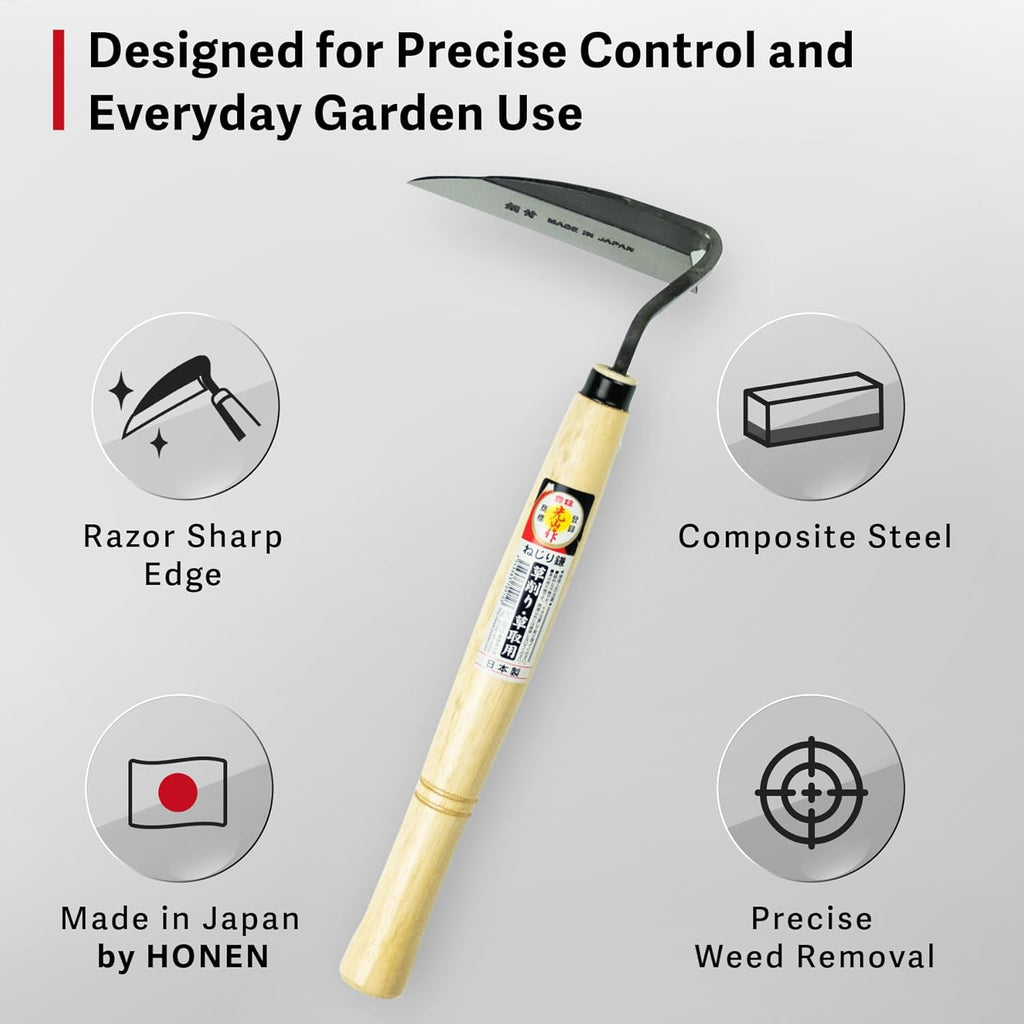 HOUNEN Japanese Weeding Sickle, 4.7-Inch Thick Composite Steel Blade | Twisted thick blade scrapes weeds and cuts light