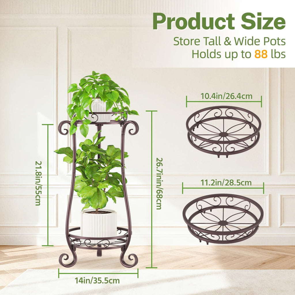 iDavosic.ly 2 Tier Tall Metal Plant Stand Outdoor Indoor, 27 Inch, Bronze | Corner Flower Pot Holder Shelf, Wrought