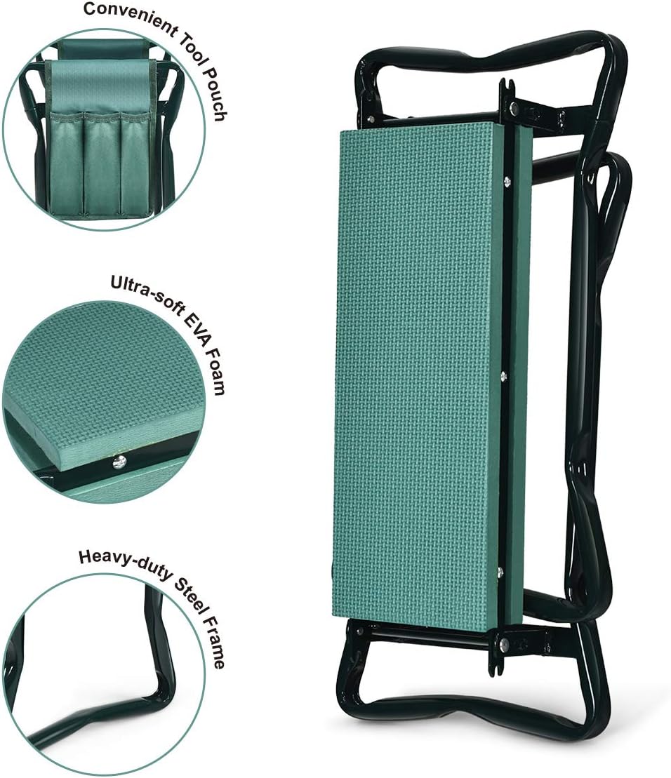 2-in-1 Garden Kneeler & Seat, Folding Seat w/EVA Foam Kneeling Pad & Removable Tools Pouch, Sturdy Steel Frame, No