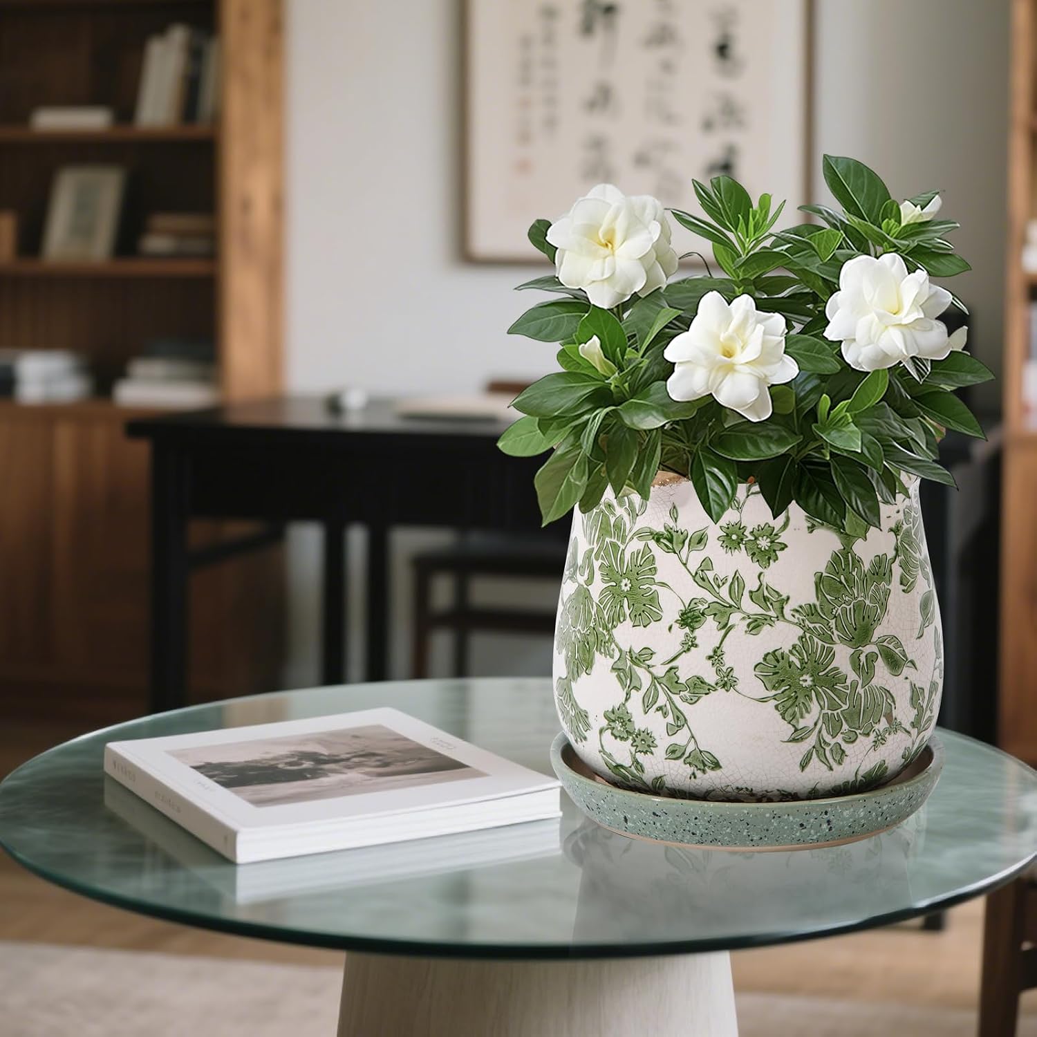 Ceramic-Planters-for-Indoor-Plants with Saucer, 6 inch Vintage Ice Crack Glaze Plant Pots with Drainage Holes