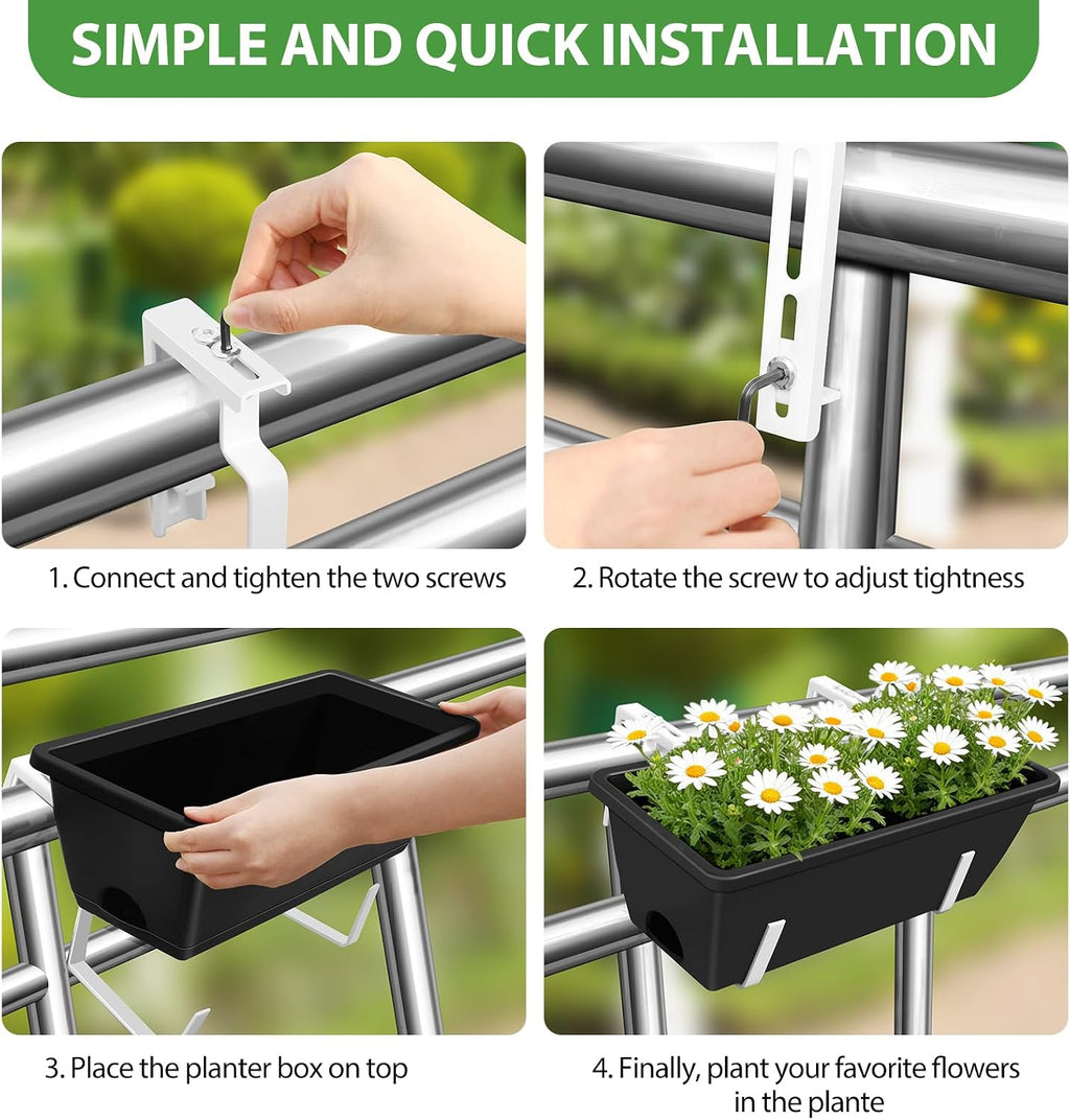 Railing Planter Box 4 Pack Hanging Balcony Planters with Adjustable Bracket | 17 Inch Railing Window Boxes Planter