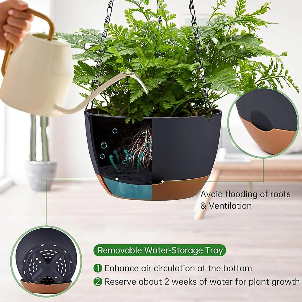 Set of 2-8 Inch Hanging Planters for Indoor Outdoor Plants | Self-Watering Hanging Flower Pots with Drainage Hole &