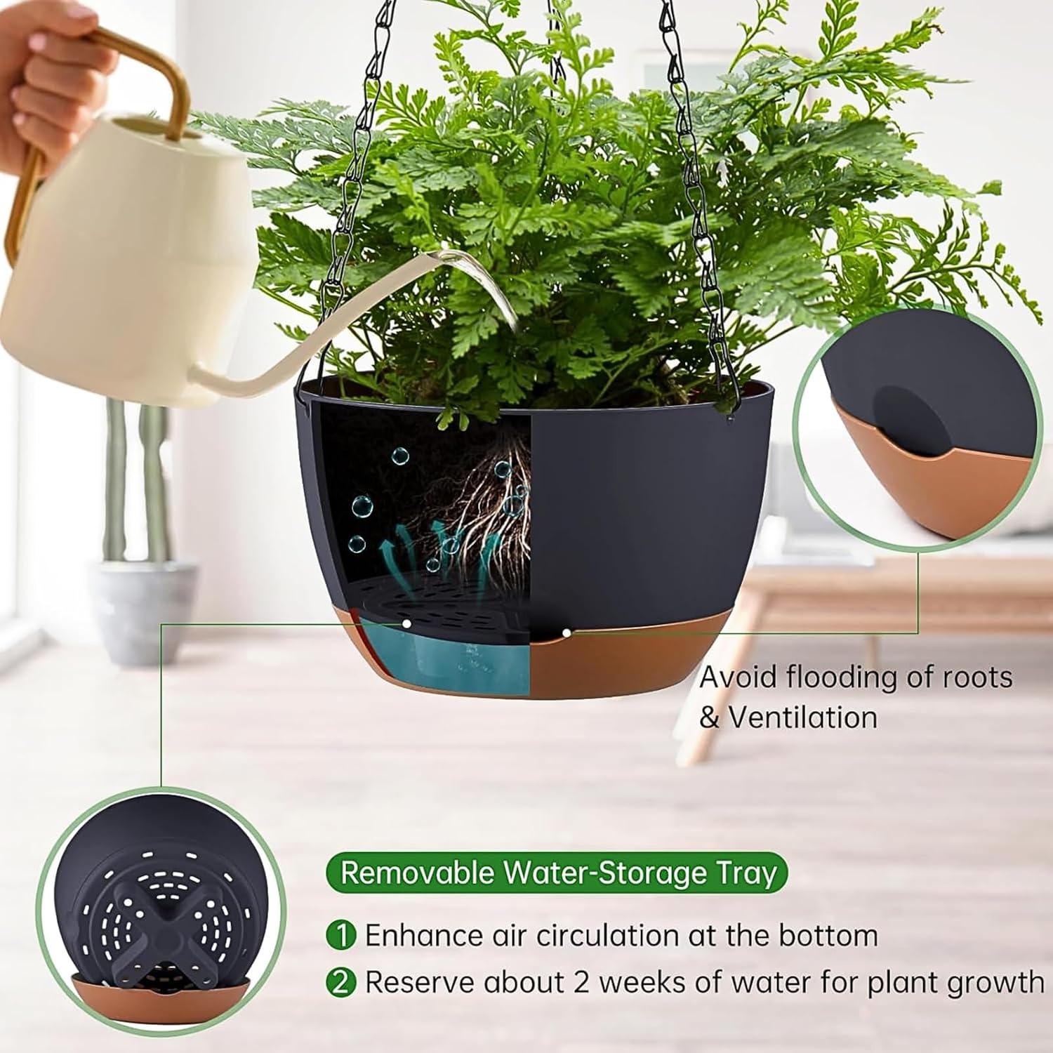Set of 2-8 Inch Hanging Planters for Indoor Outdoor Plants | Self-Watering Hanging Flower Pots with Drainage Hole &