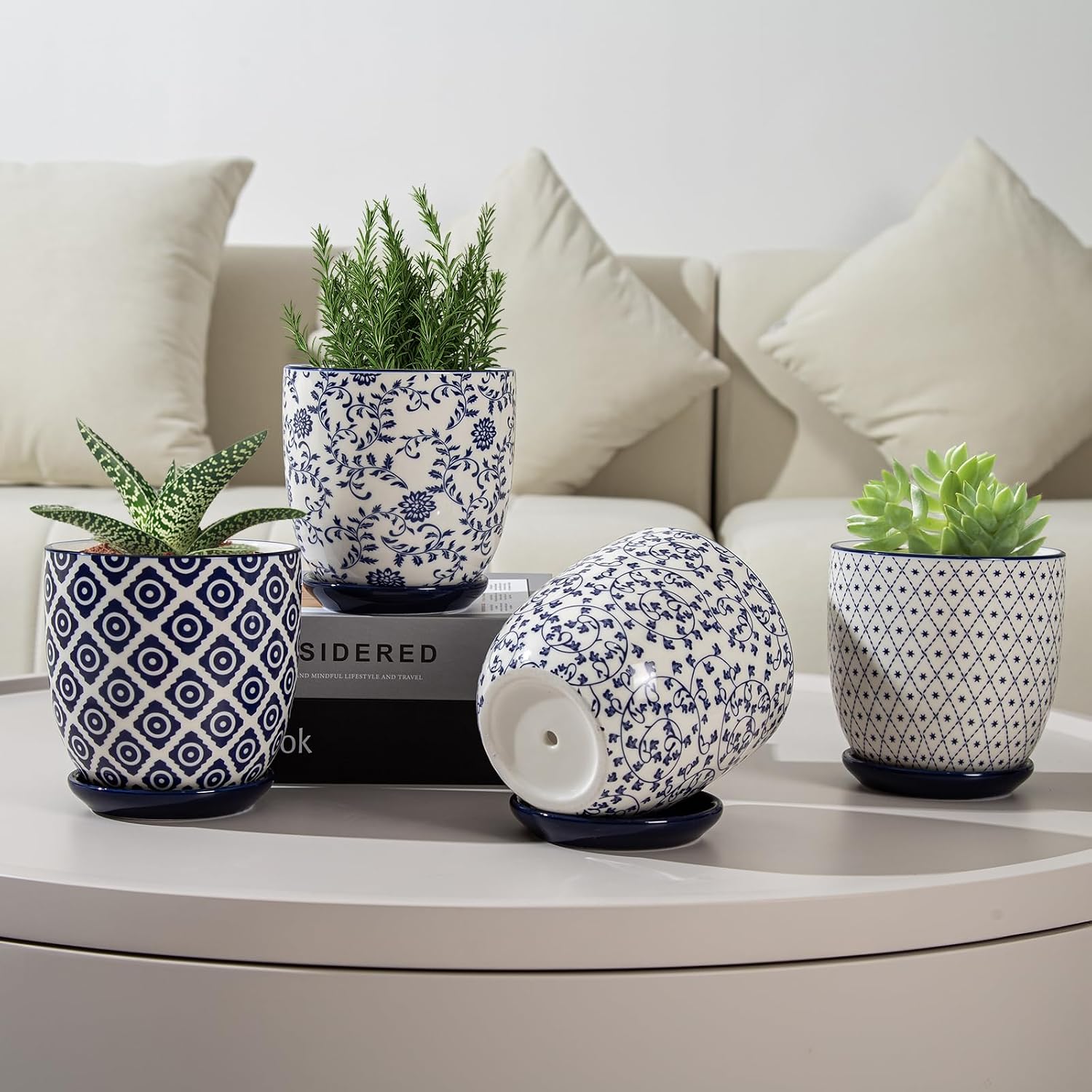 4.6 Inch Ceramic Small Succulent Planter Pots Set of 4 | Flower Pot with Drainage Holes and Saucers for Indoor Plant