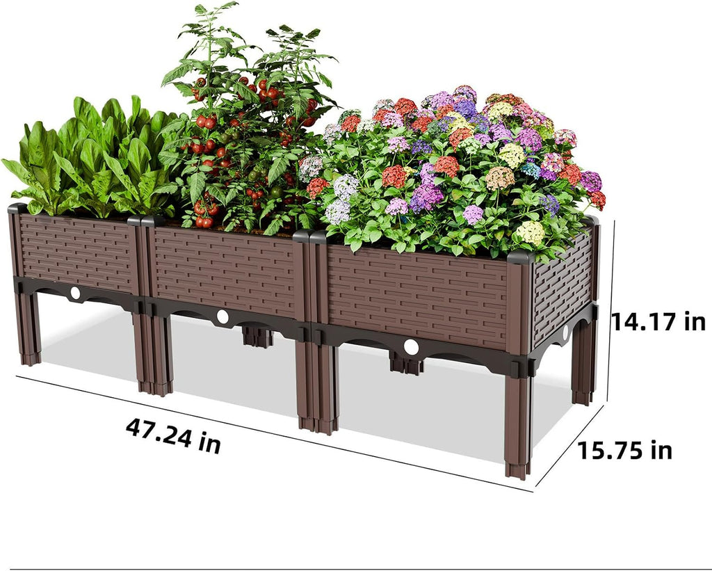 Modular Raised Garden Bed Kit – DIY Stackable Plant Stand with Self-Watering, 47.24"x15.75"x14.17" Brown Plastic