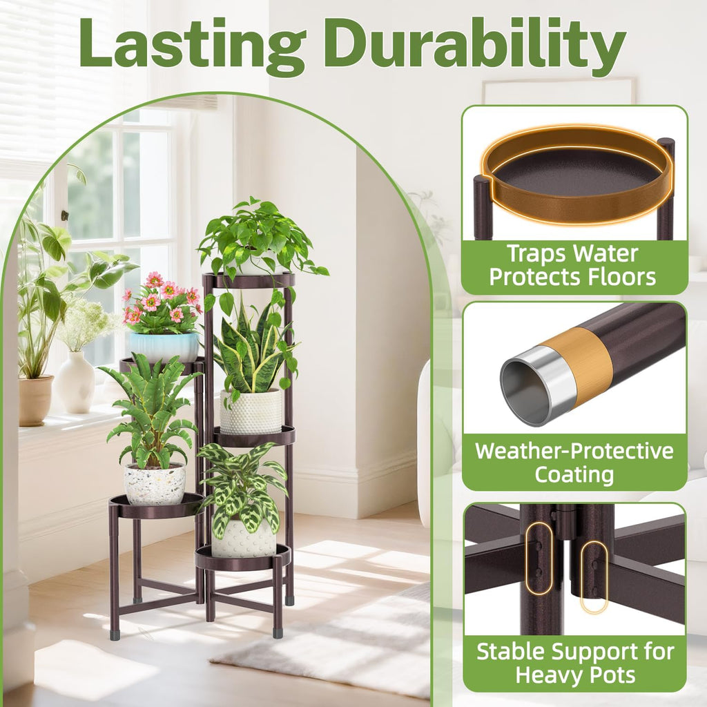 iDavosic.ly Plant Stand Indoor Outdoor, 5 Tier Metal Corner Shelf, Bronze | Tiered Flower Display Holder, Folding Multi