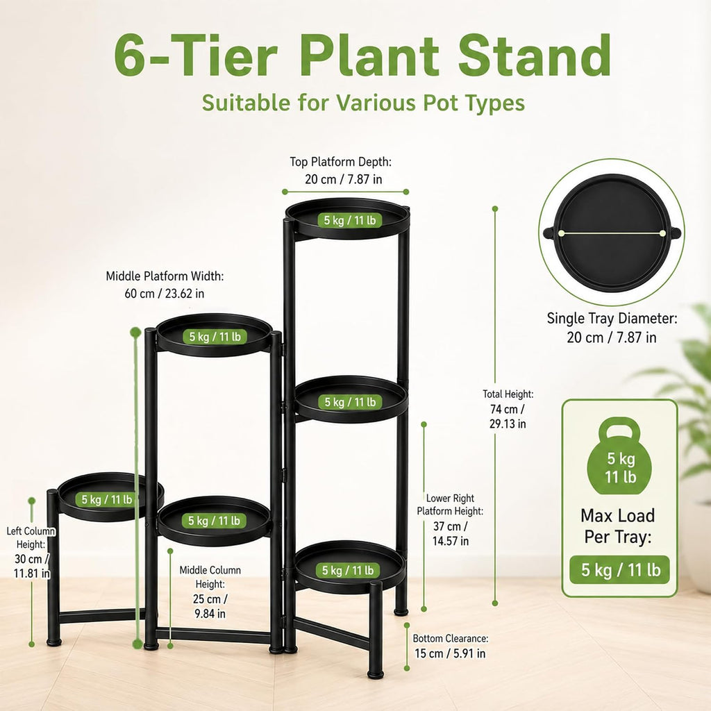 Plant Stand Indoor Outdoor, Gardening Tools& Plant Label, 6 Tier Folding Metal Plant Shelf, 6 Pot, 66LB, Corner Plant