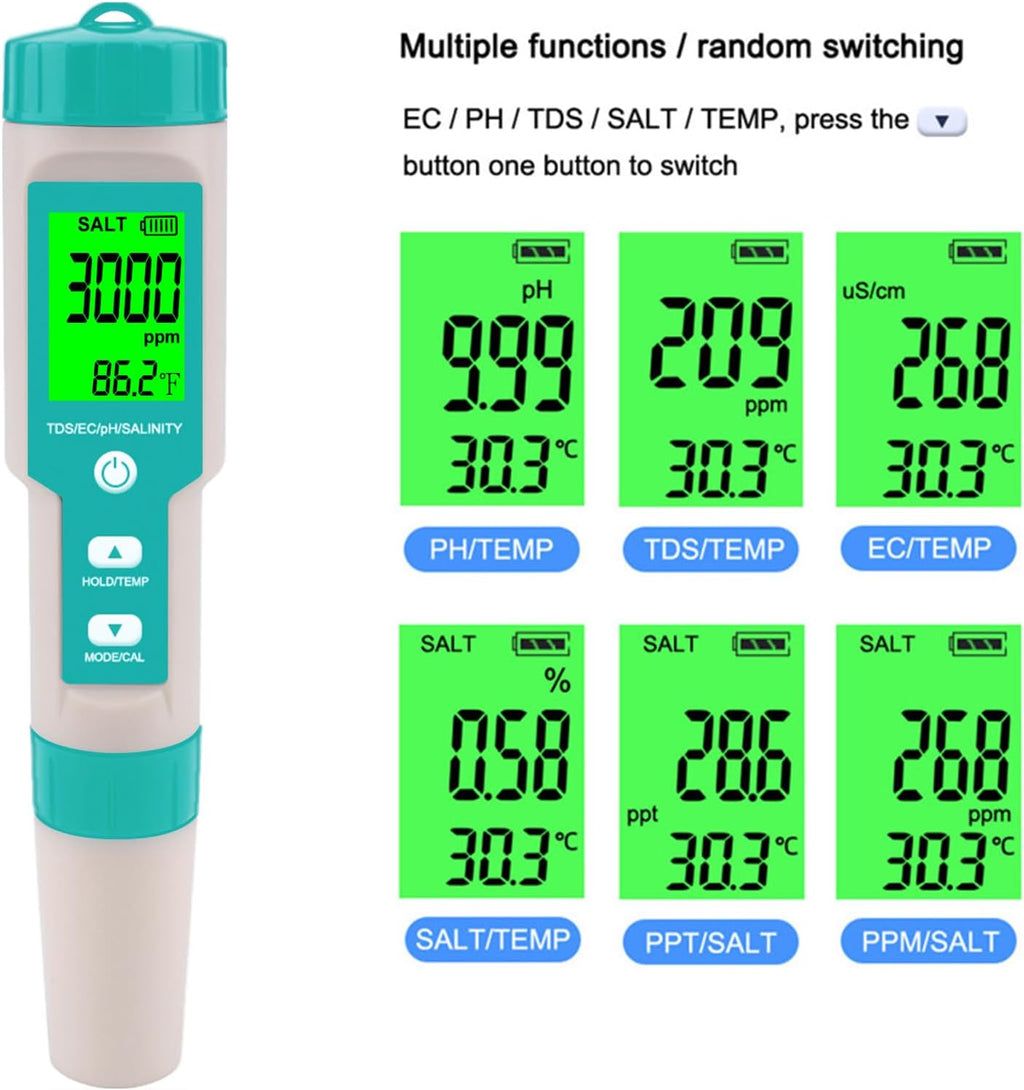 Pool Salt Tester - Multifunctional 5 in 1 Salinity, PH, TDS, EC, and Temperature Meter, Pool Salinity Testing Kit