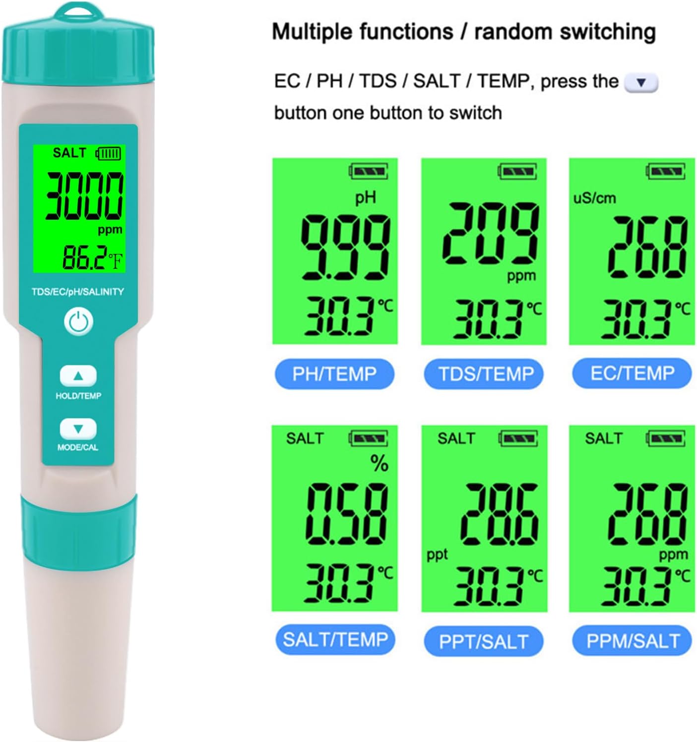 Pool Salt Tester - Multifunctional 5 in 1 Salinity, PH, TDS, EC, and Temperature Meter, Pool Salinity Testing Kit