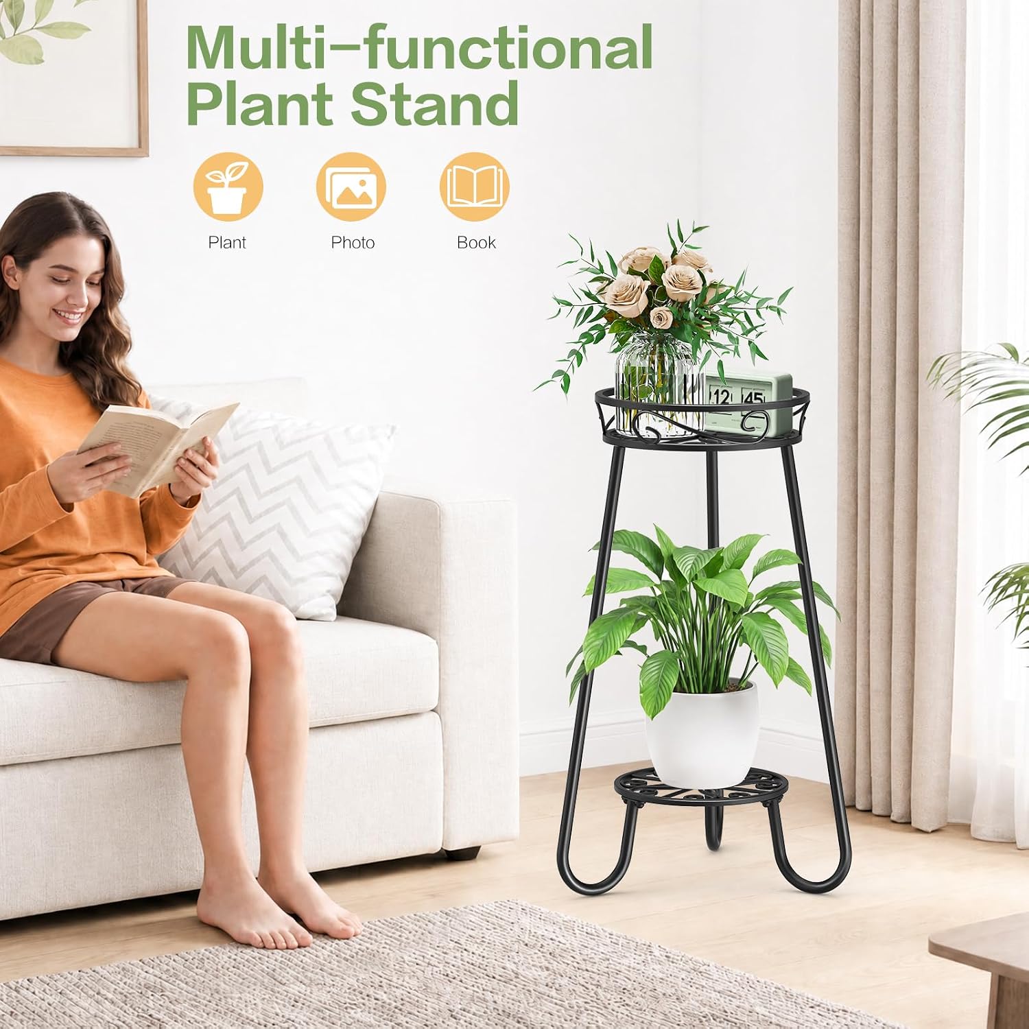 2 Tier 27.2 Inch Tall Corner Plant Stand Indoor Outdoor, Black 3 Leg | Metal Heavy Duty Flower Plant Shelf，Rustproof