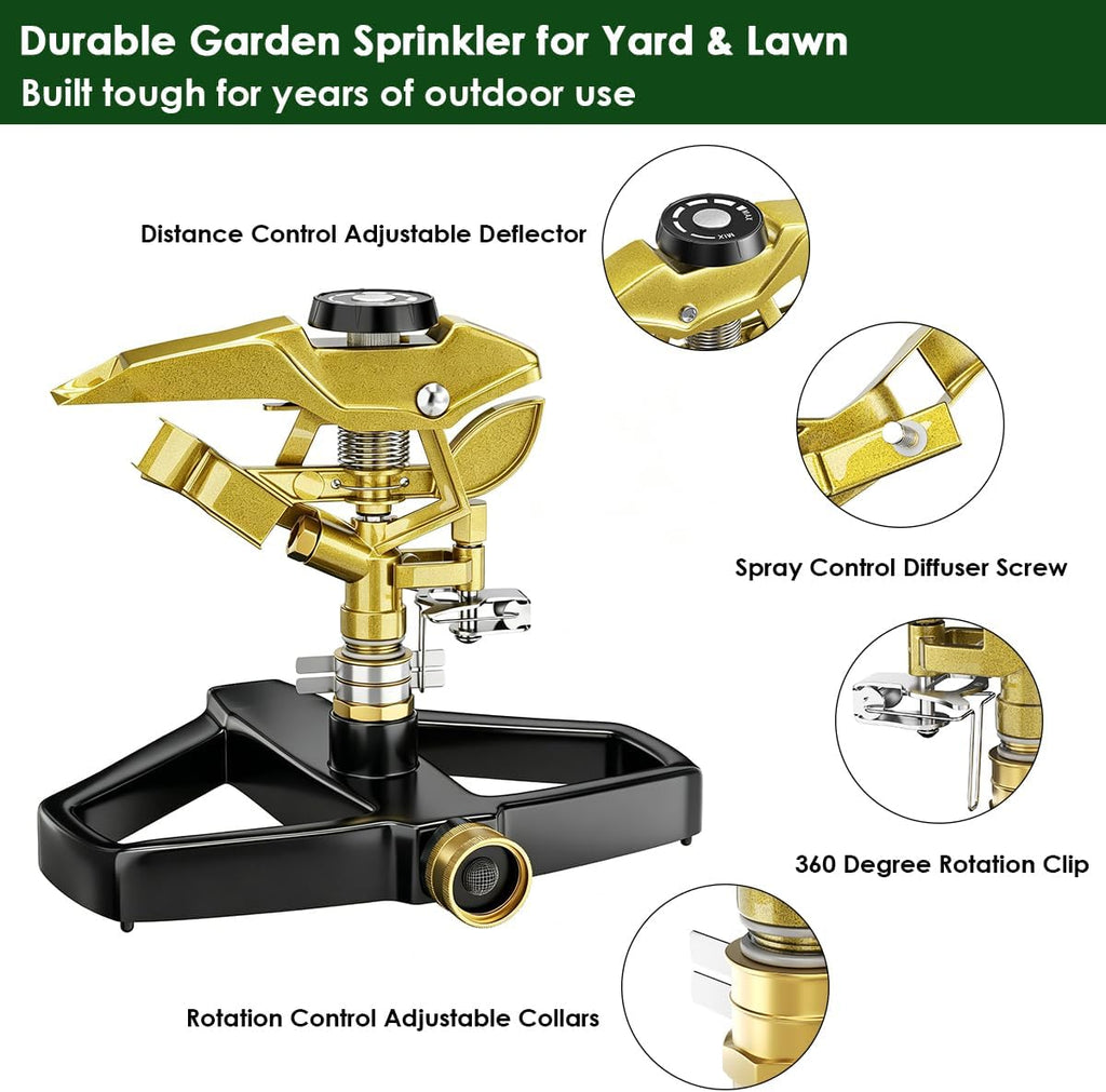 FANHAO Heavy Duty Pulsating Impact Sprinkler with Metal Base, 100% Metal 360° Adjustable Garden Sprinkler, Covers Up to