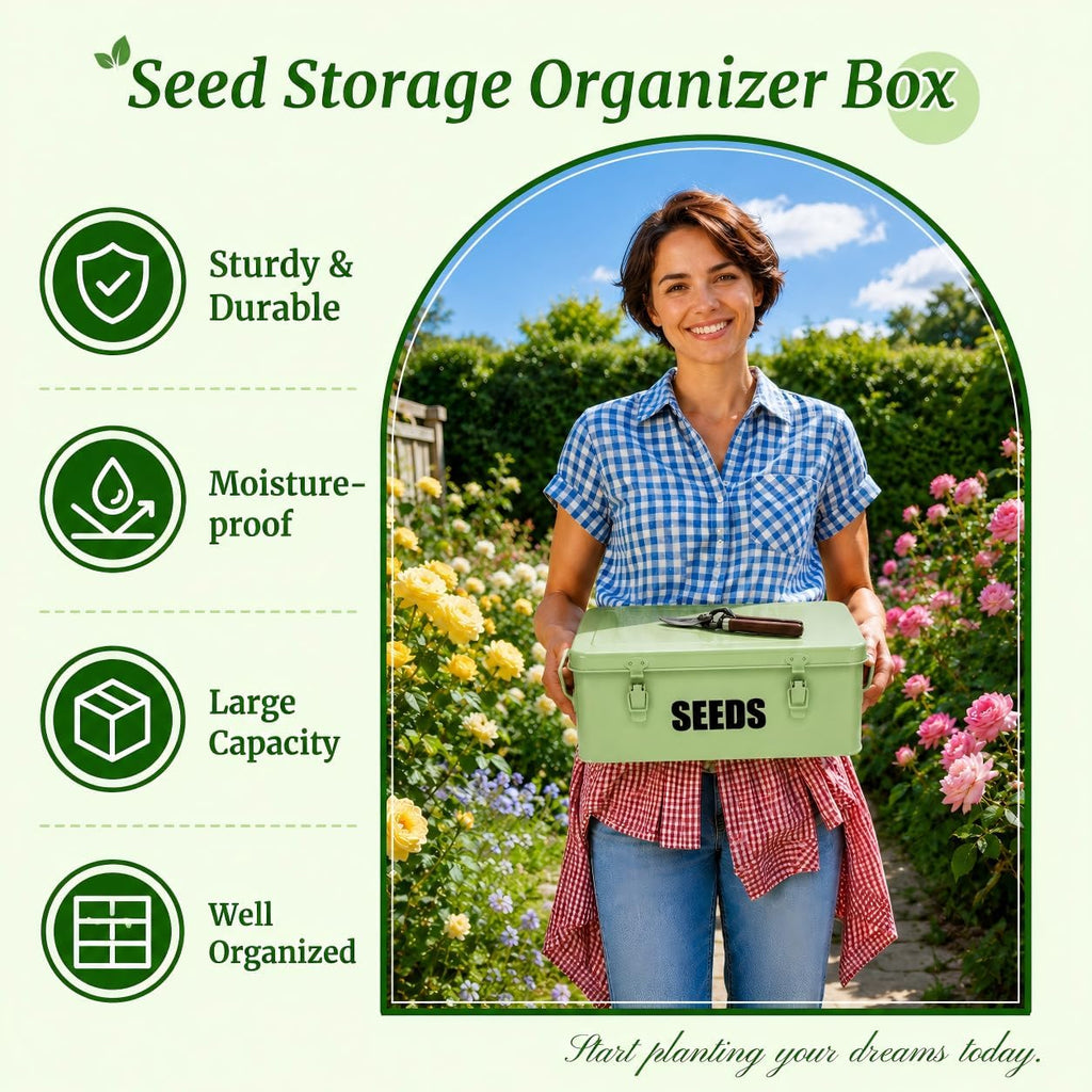 Seed Saving Box with 4 Compartments, Large Metal Seed Organizer Packet Container with Lid & Safety Locks, Garden Seed