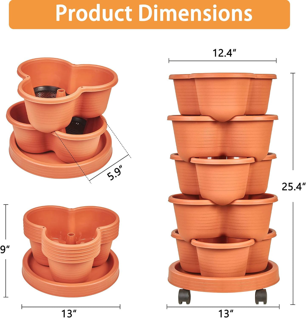 VECELO 5 Tier Vertical Garden Planter, Self Watering Stackable Planters with Wheels for Strawberries, Herbs, Flowers