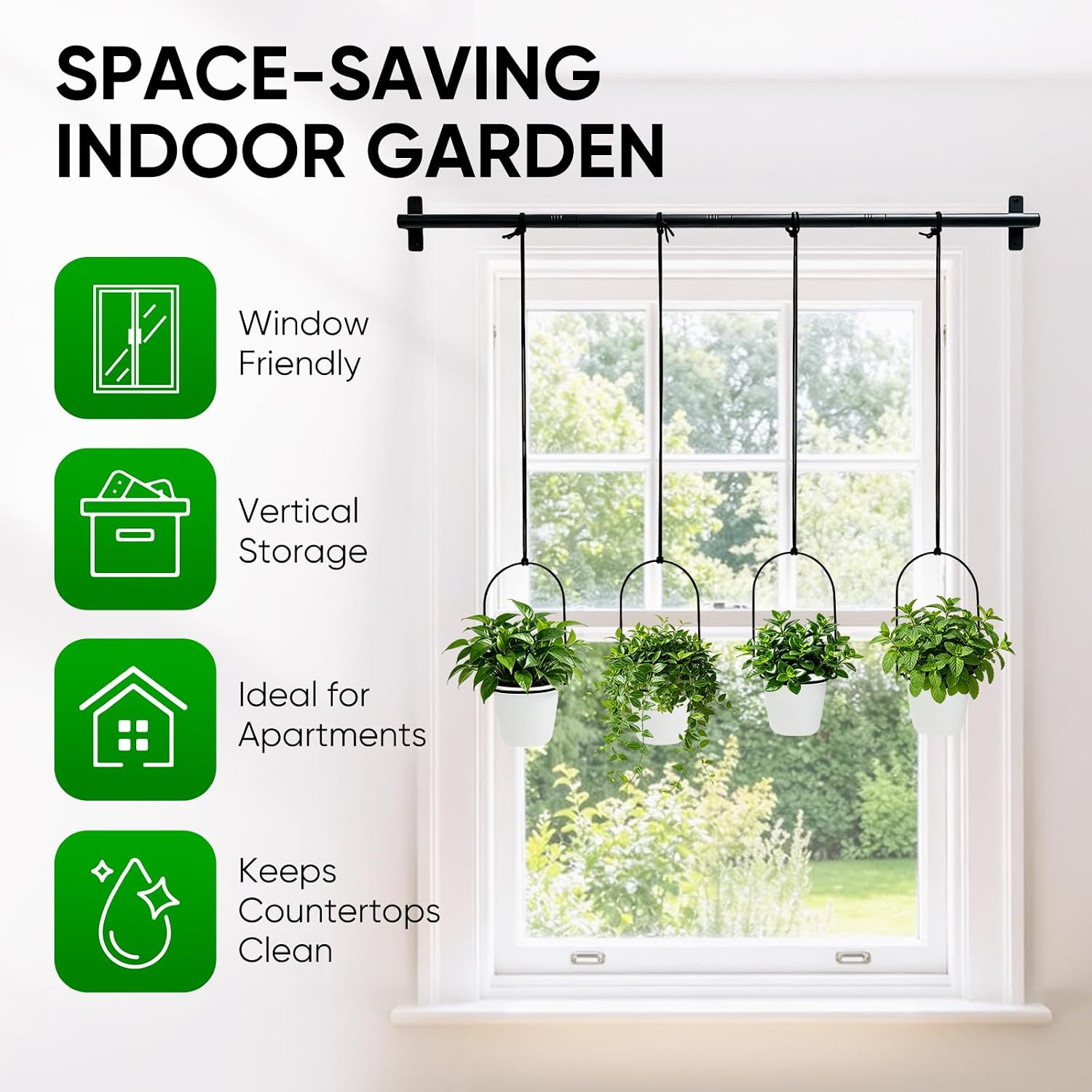 Window Plant Hanger with 4 Pots, 40 Inch Adjustable Hanging Planters for Indoor Plants, Metal Wall/Ceiling Plant Rod