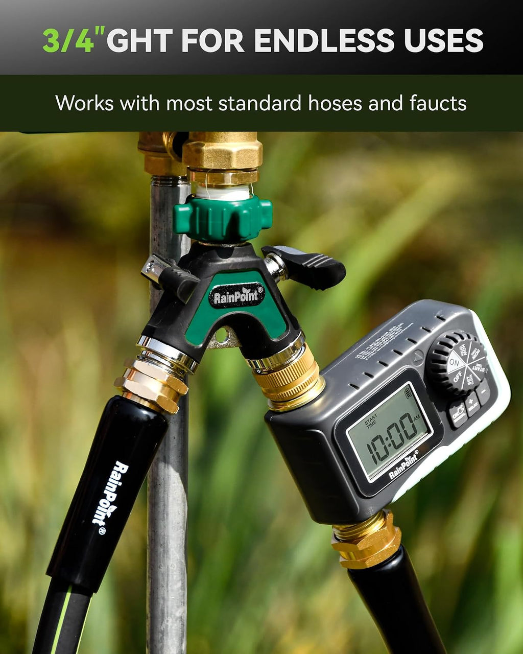 RAINPOINT Garden Hose Splitter 2 Way, All Metal Heavy Duty Water Hose Y Splitter With 2.05" Extra Long Side Handle &